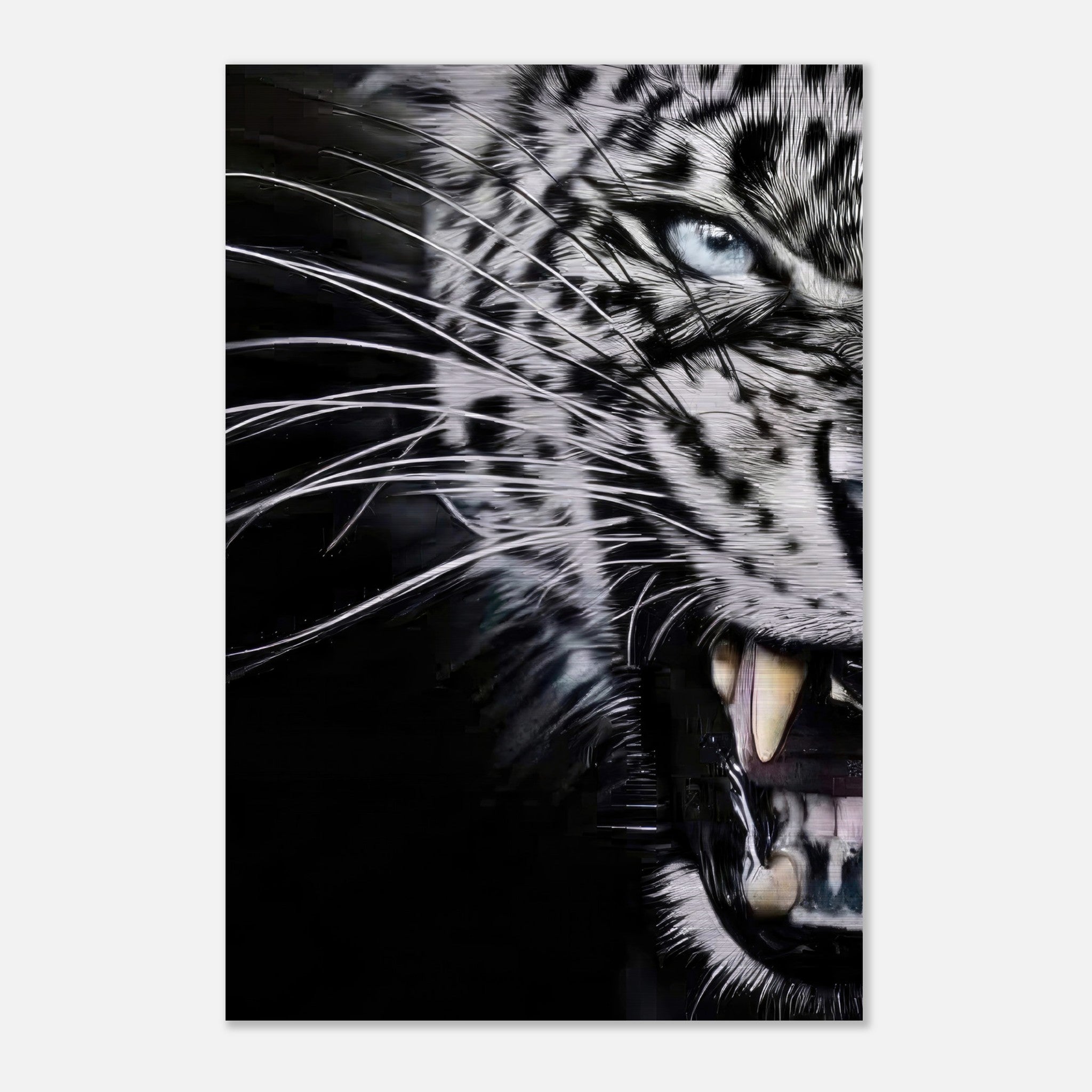 Close-up portrait of a fierce leopard with blue eyes and sharp fangs on a brushed metal background.