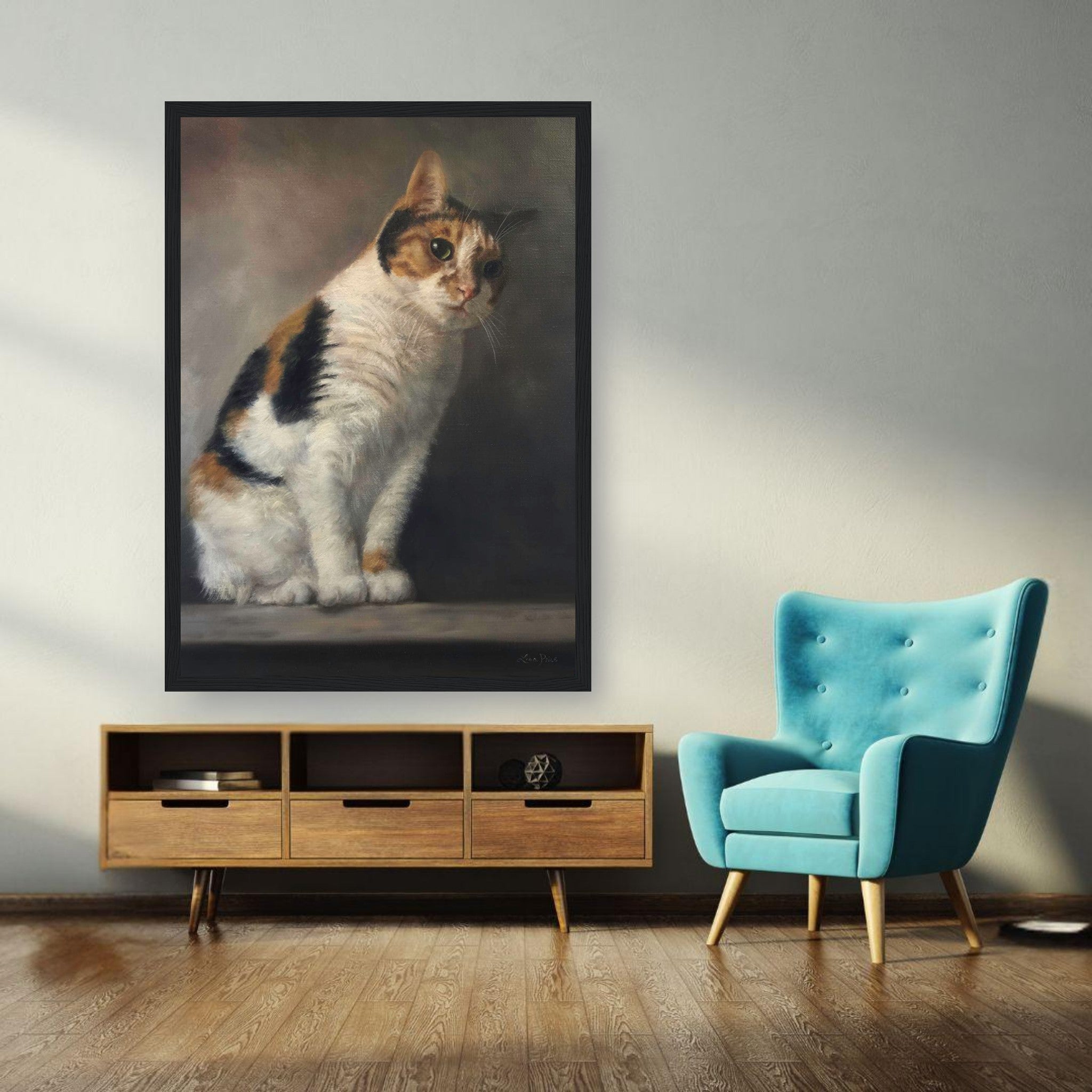 Realistic cat portrait painting framed print displayed in a modern living room with wooden furniture and teal chair.