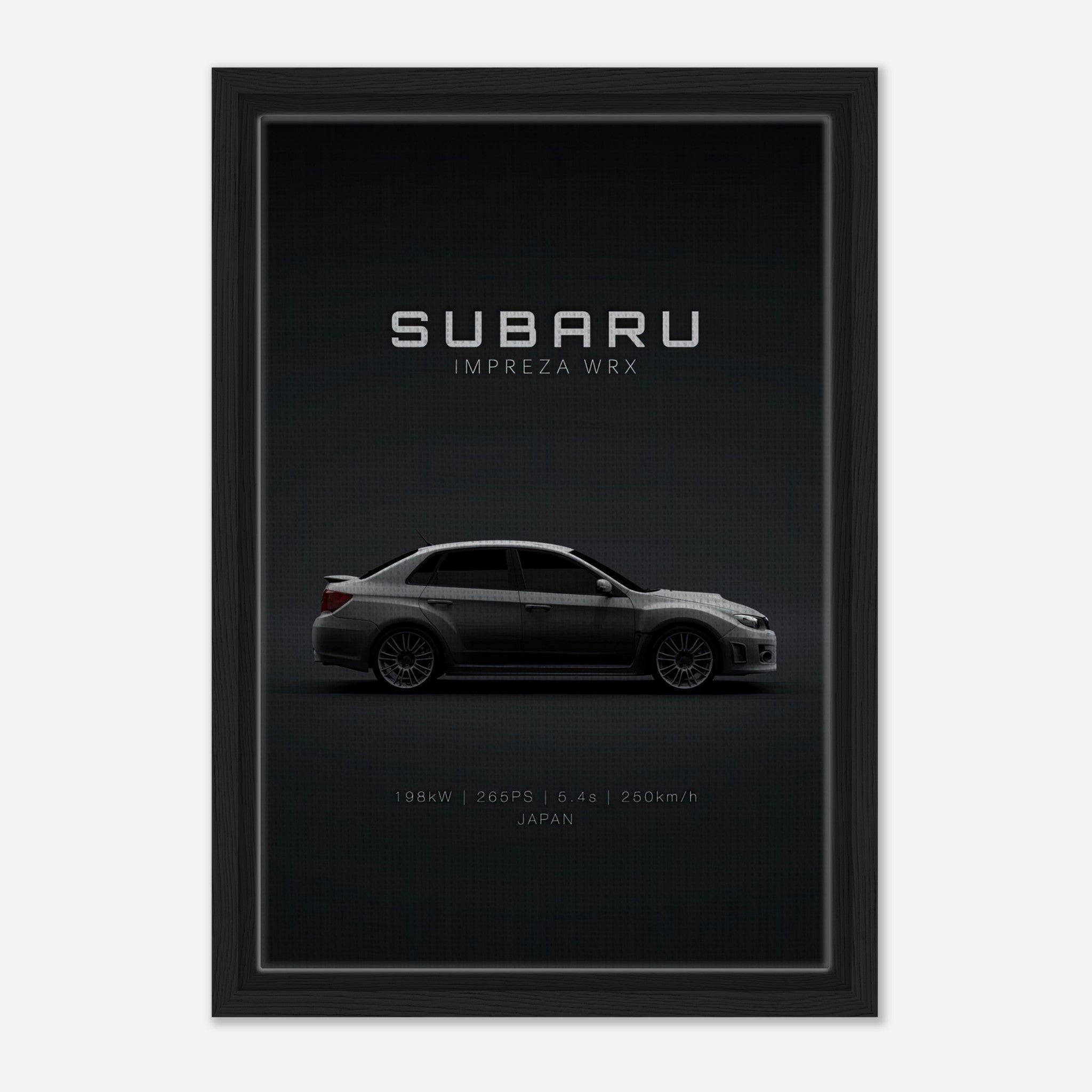 Stylish Subaru WRX framed canvas showcasing profile view and key specifications like 198kW and 265PS.