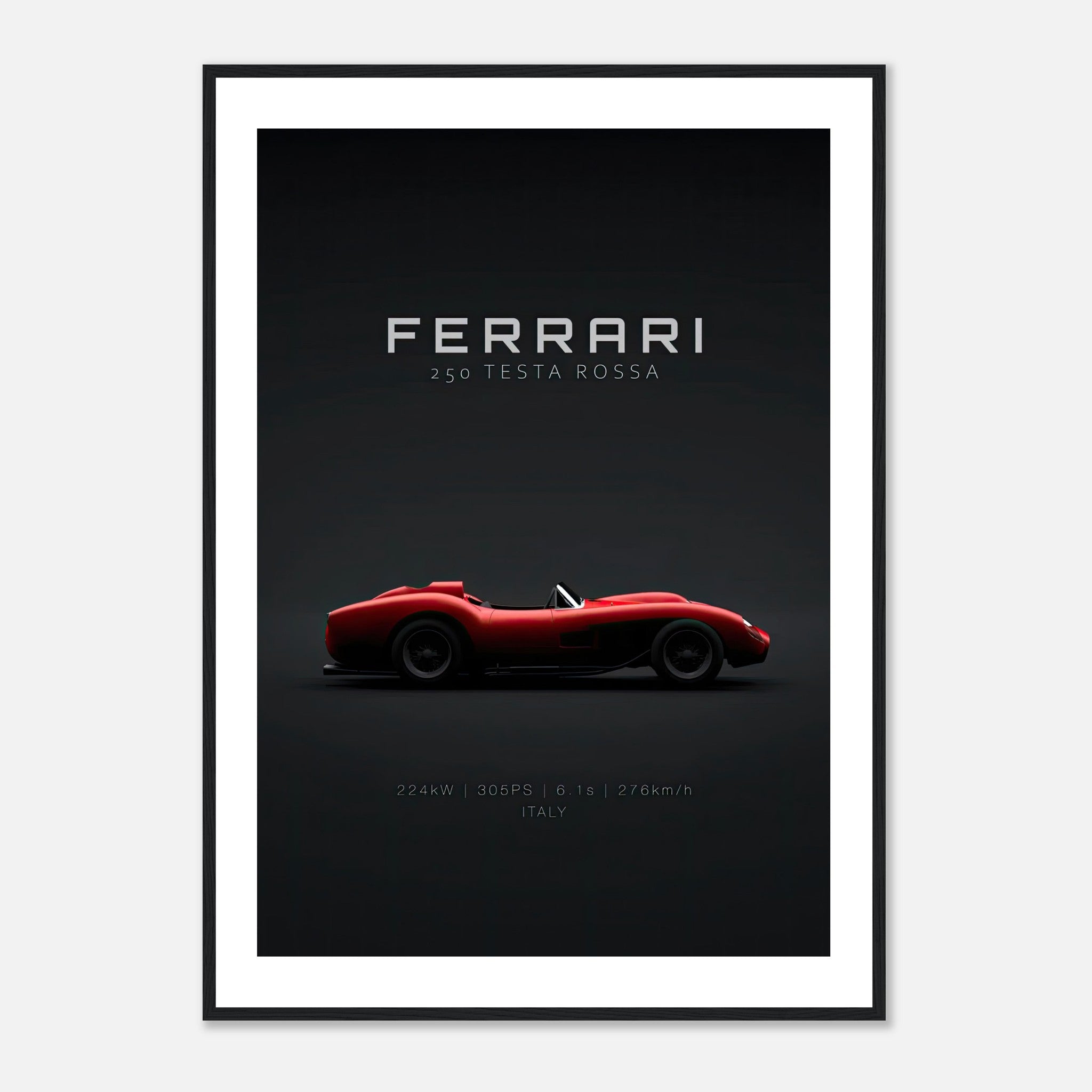 Ferrari 250 Testa Rossa framed poster showcasing sleek design on a minimalist black background.