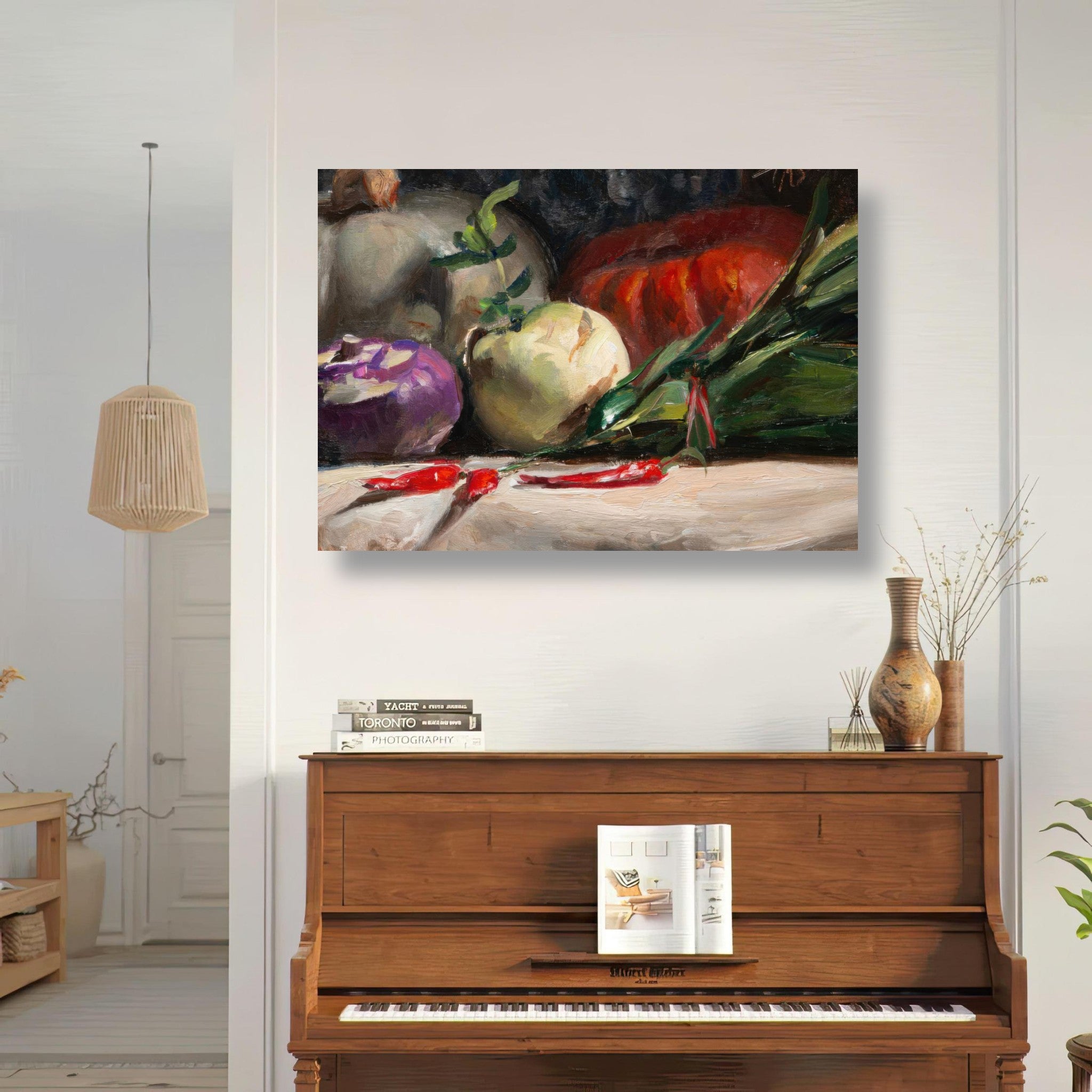 Colorful oil painting of kohlrabi, pumpkins, and chilis in a kitchen setting, enhancing decor.