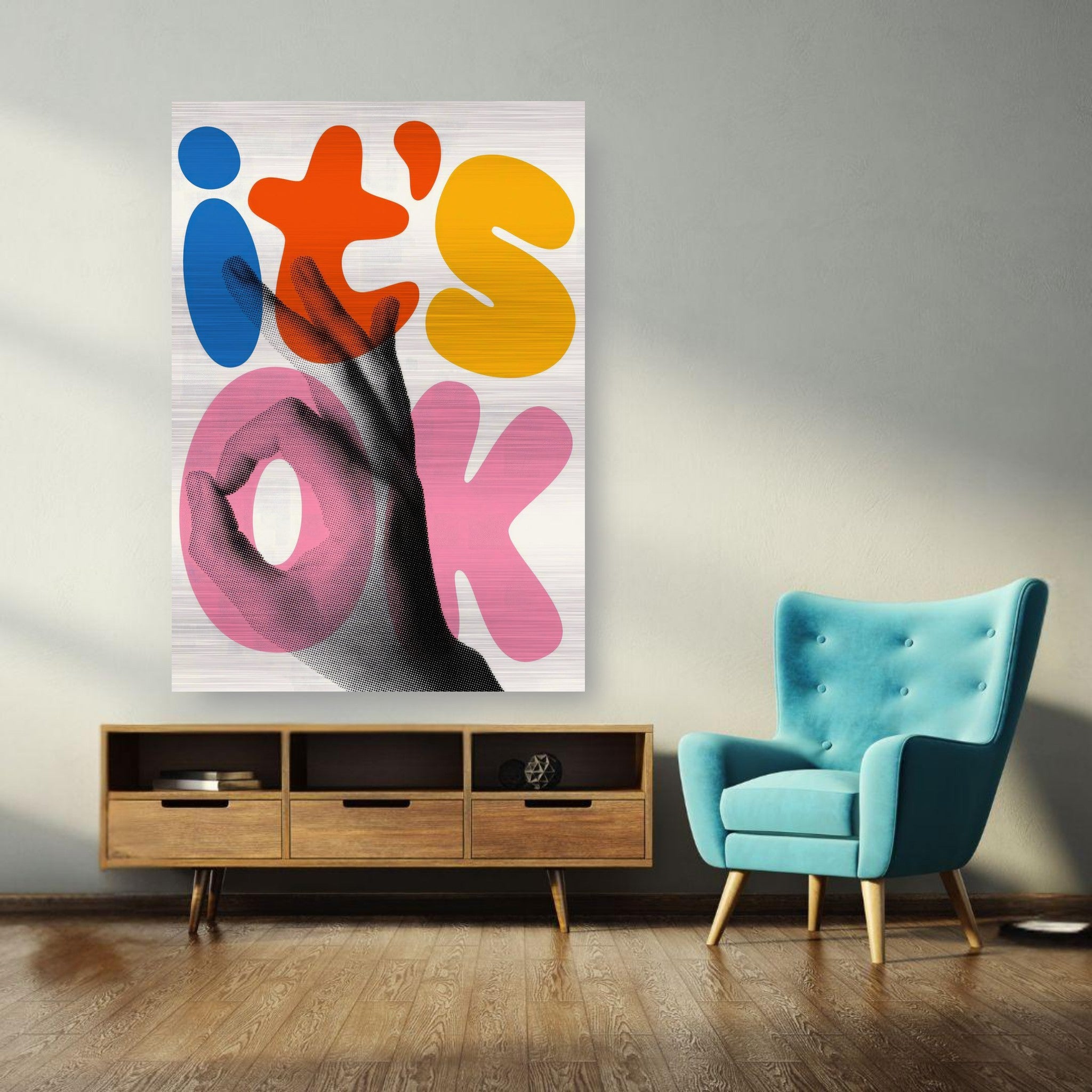 Retro abstract pop art print titled 'It's Ok' featuring vibrant colors and a hand gesture in a modern living room setting.