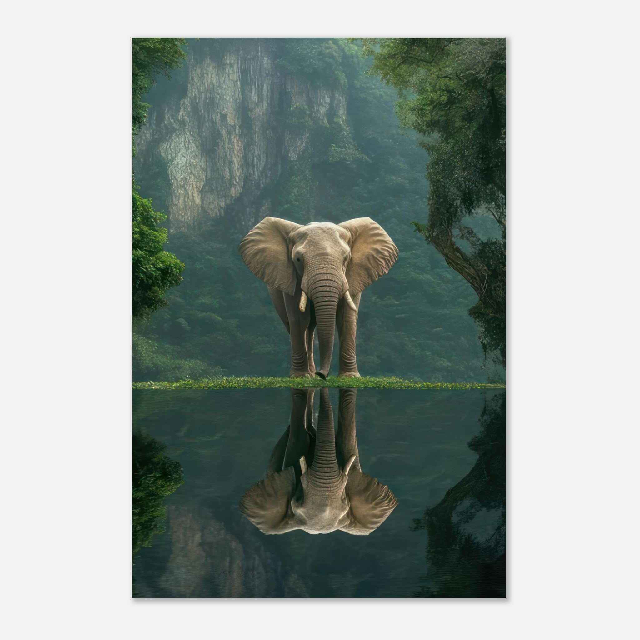 Jungle Elephant portrait metal print featuring a majestic elephant near a tranquil water body surrounded by lush greenery.