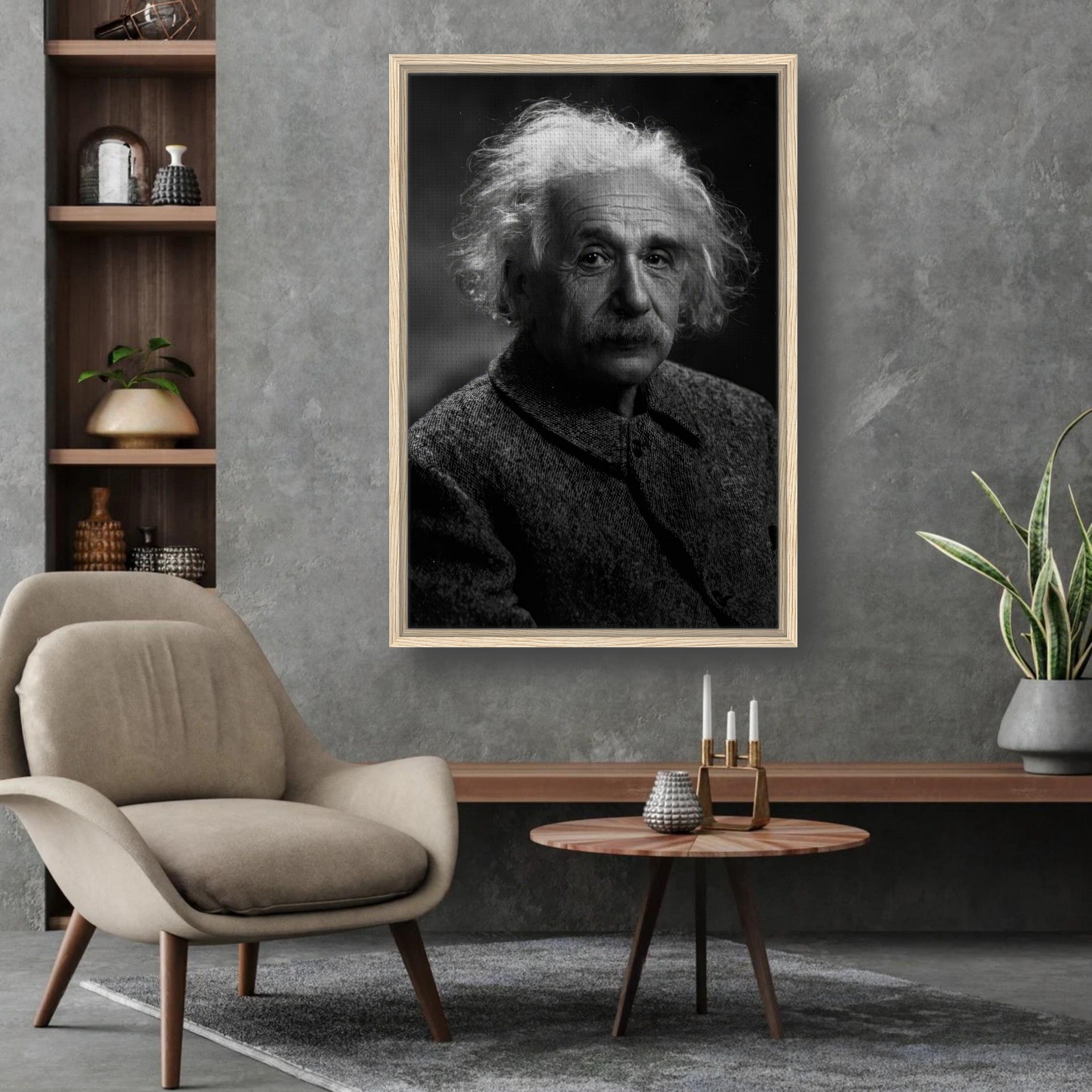 Framed black and white portrait of Albert Einstein in a modern living space with stylish decor.