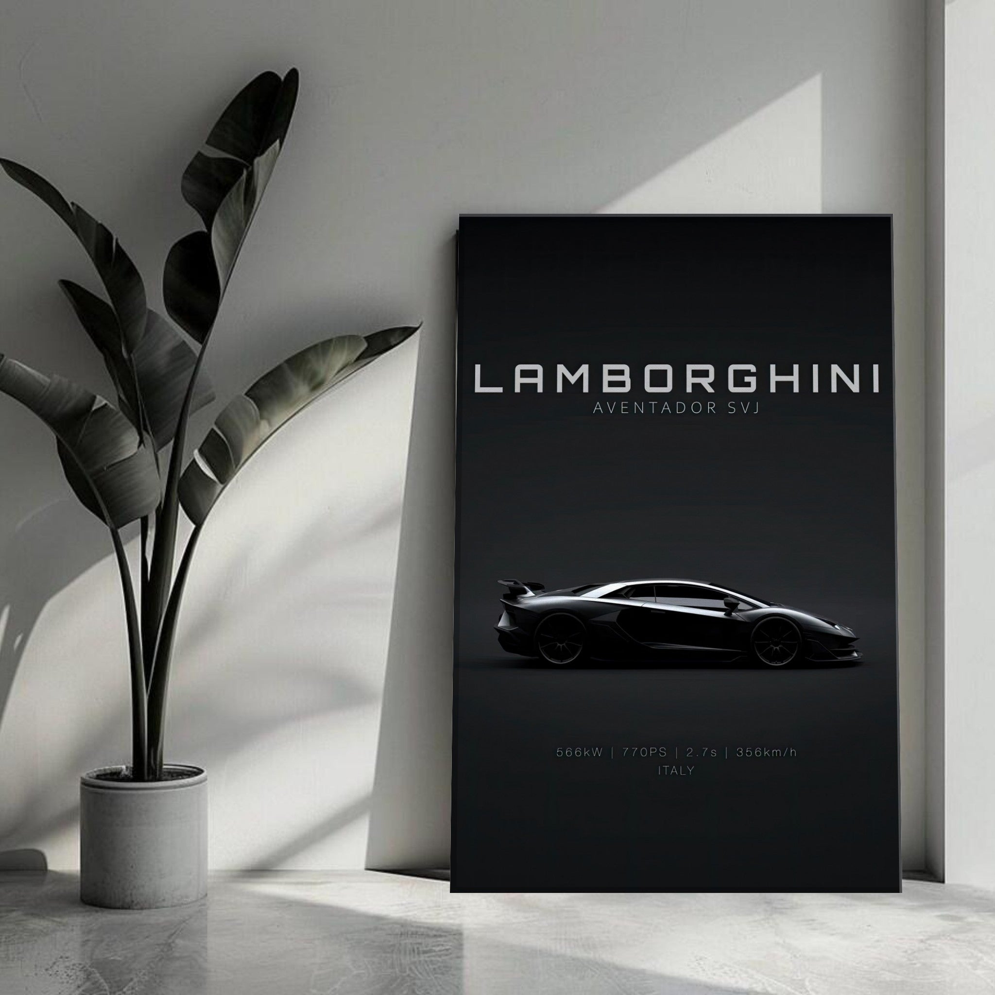 Lamborghini Aventador SVJ canvas wall art showcasing sleek design on a minimalist black background.