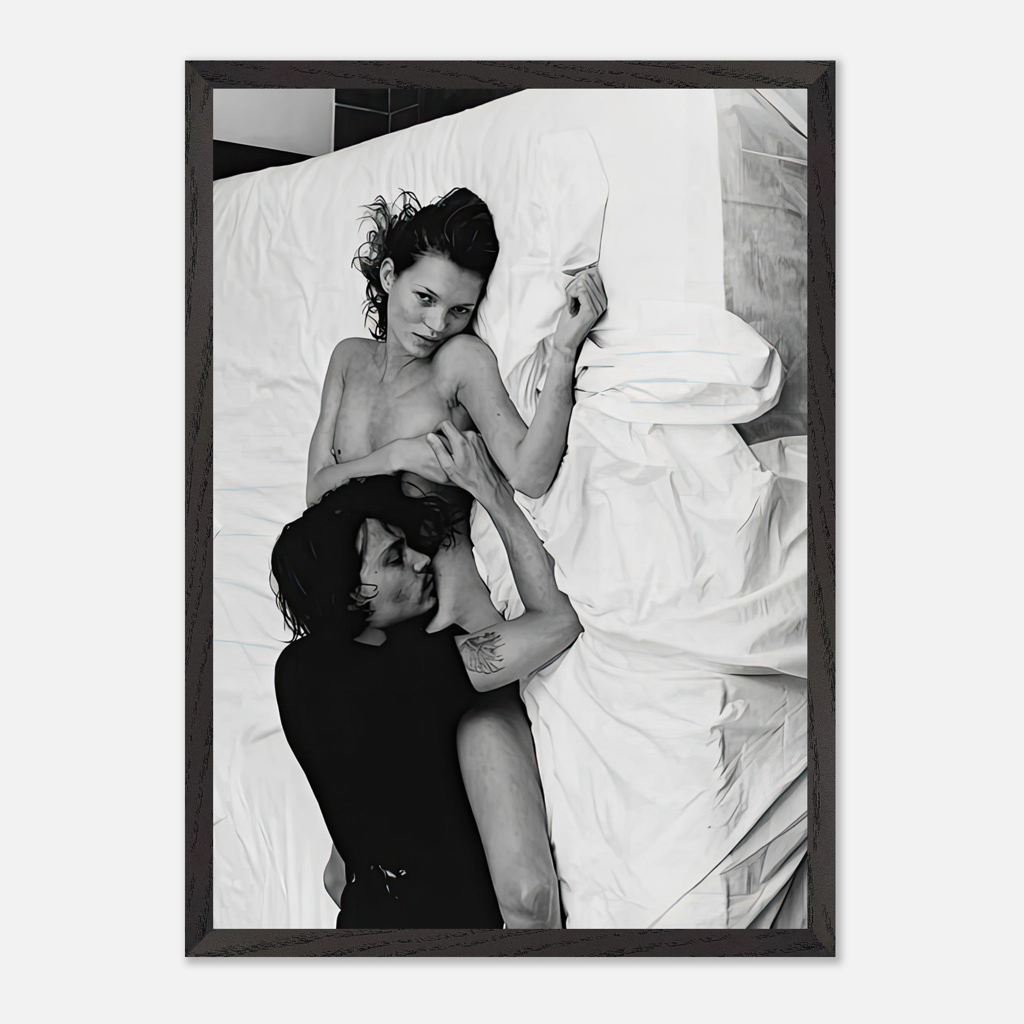 Kate Moss and Johnny Depp 1994 vintage framed print by Annie Leibovitz, capturing iconic romance in New York.