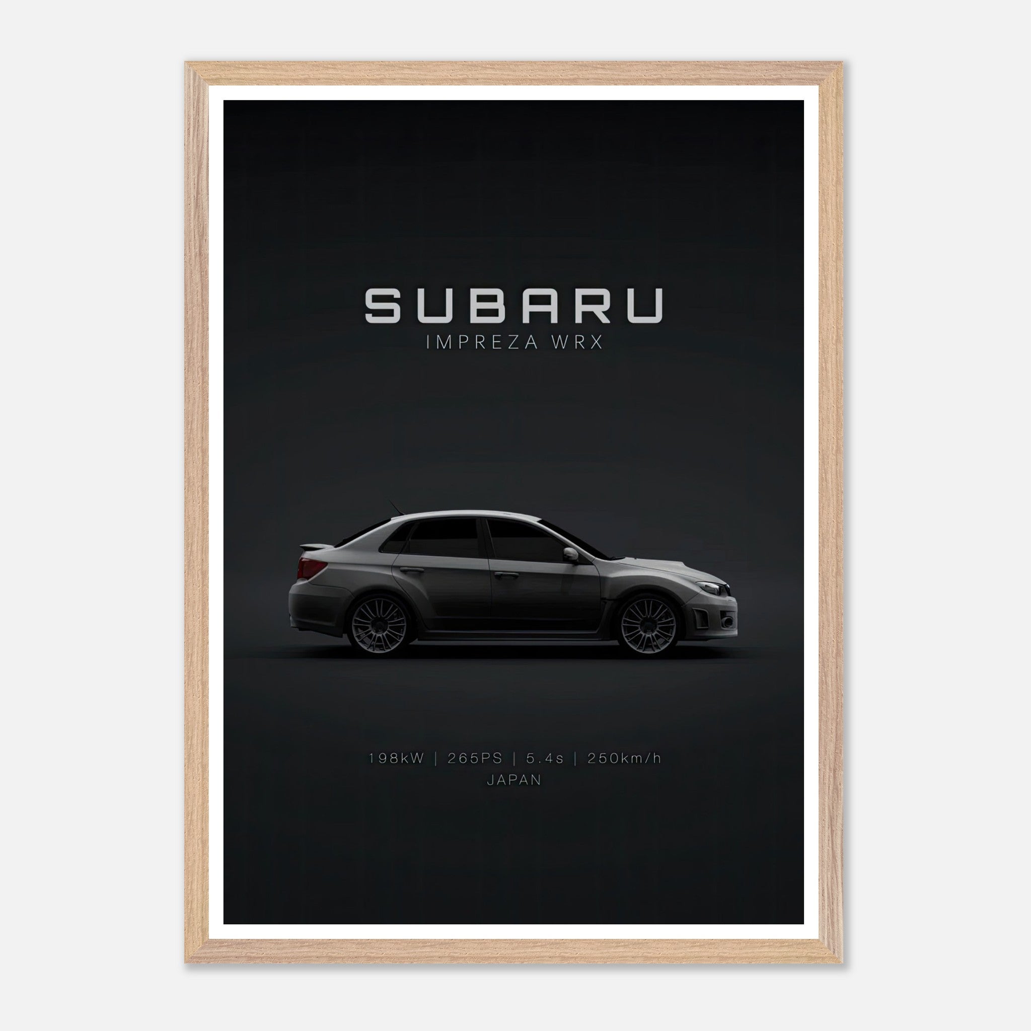 Framed Subaru WRX vintage art featuring sleek profile on a dark minimalist backdrop.