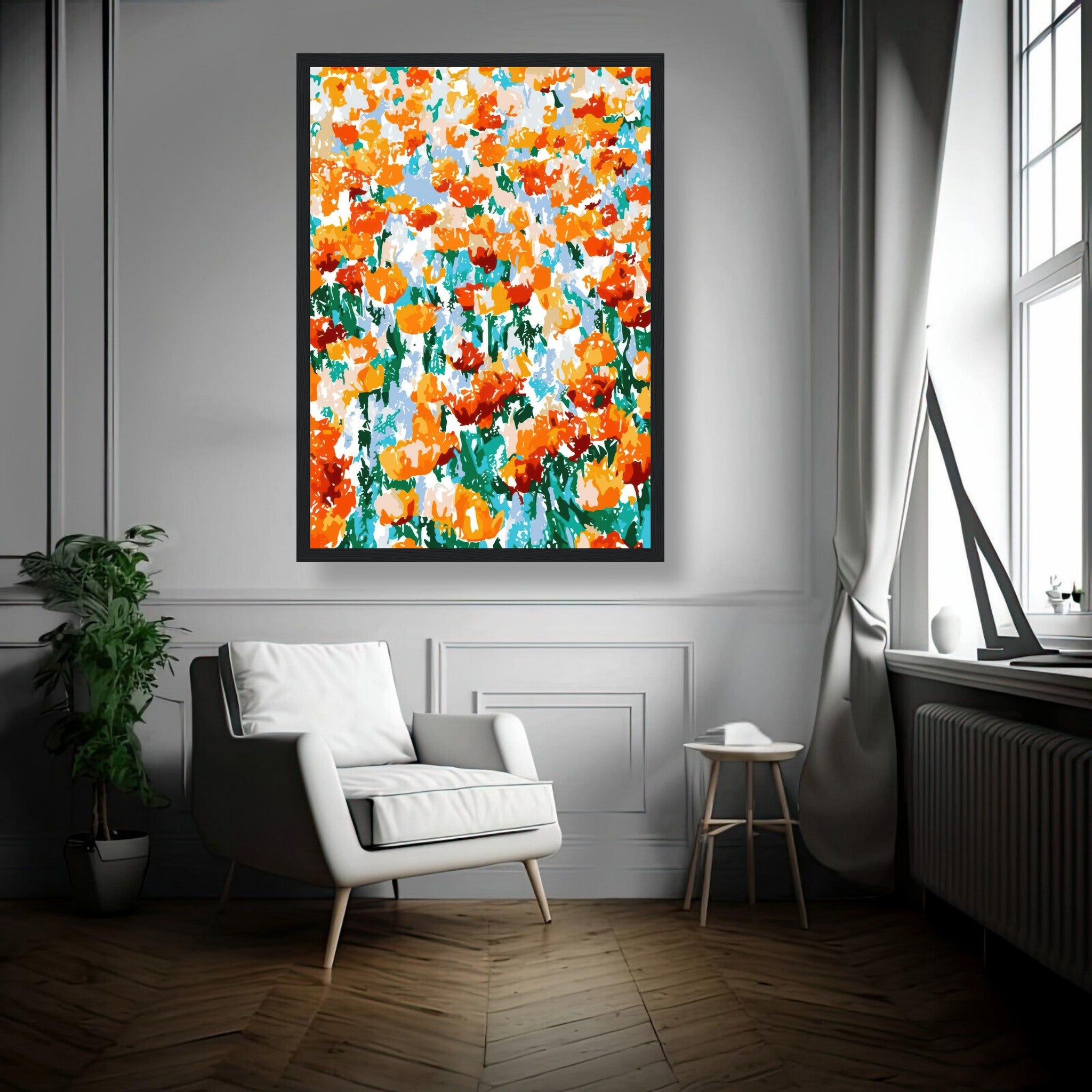 Vibrant abstract floral tulip garden framed print displayed in a stylish room with modern decor.