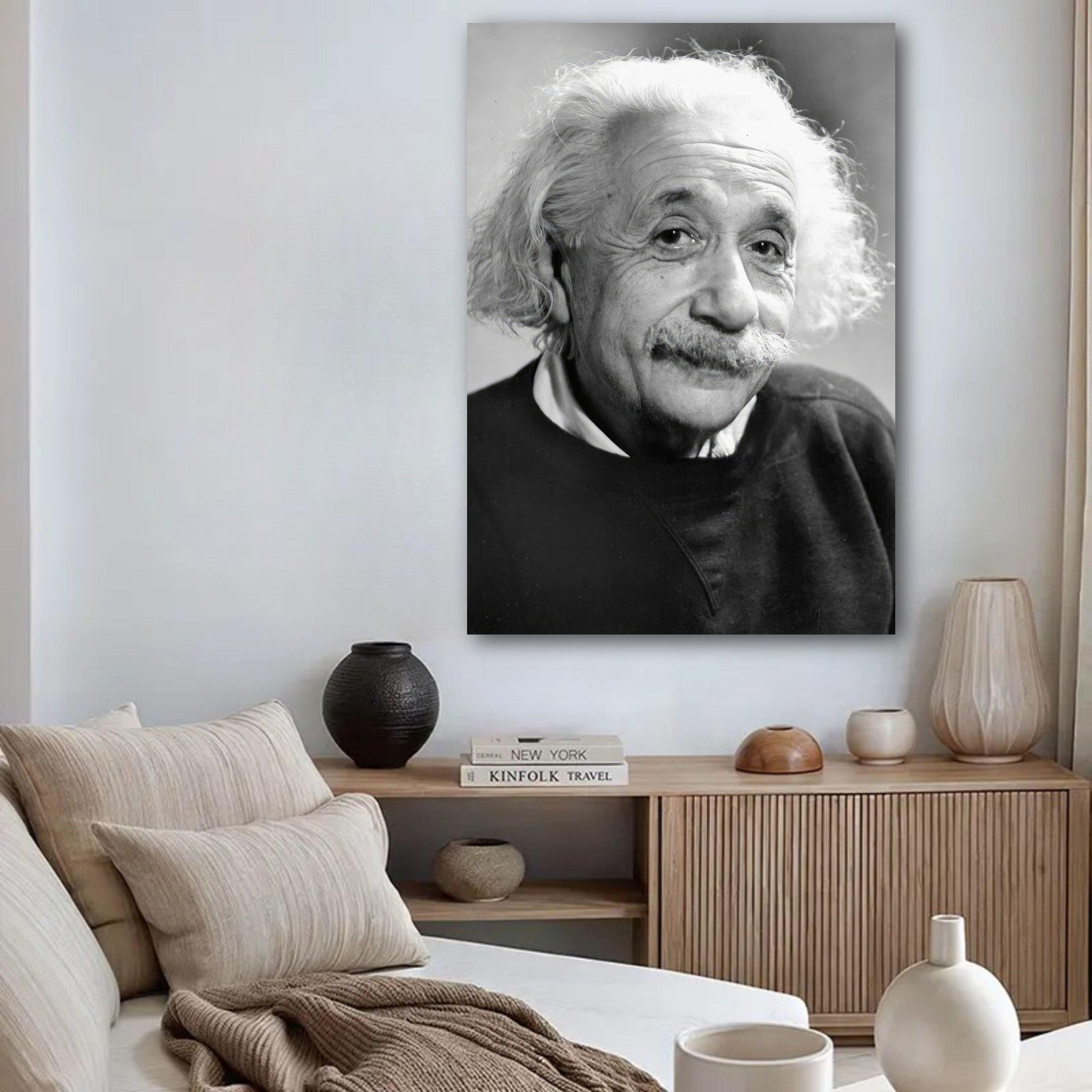 Albert Einstein 1946 poster featuring a timeless black-and-white portrait in a modern living room decor.
