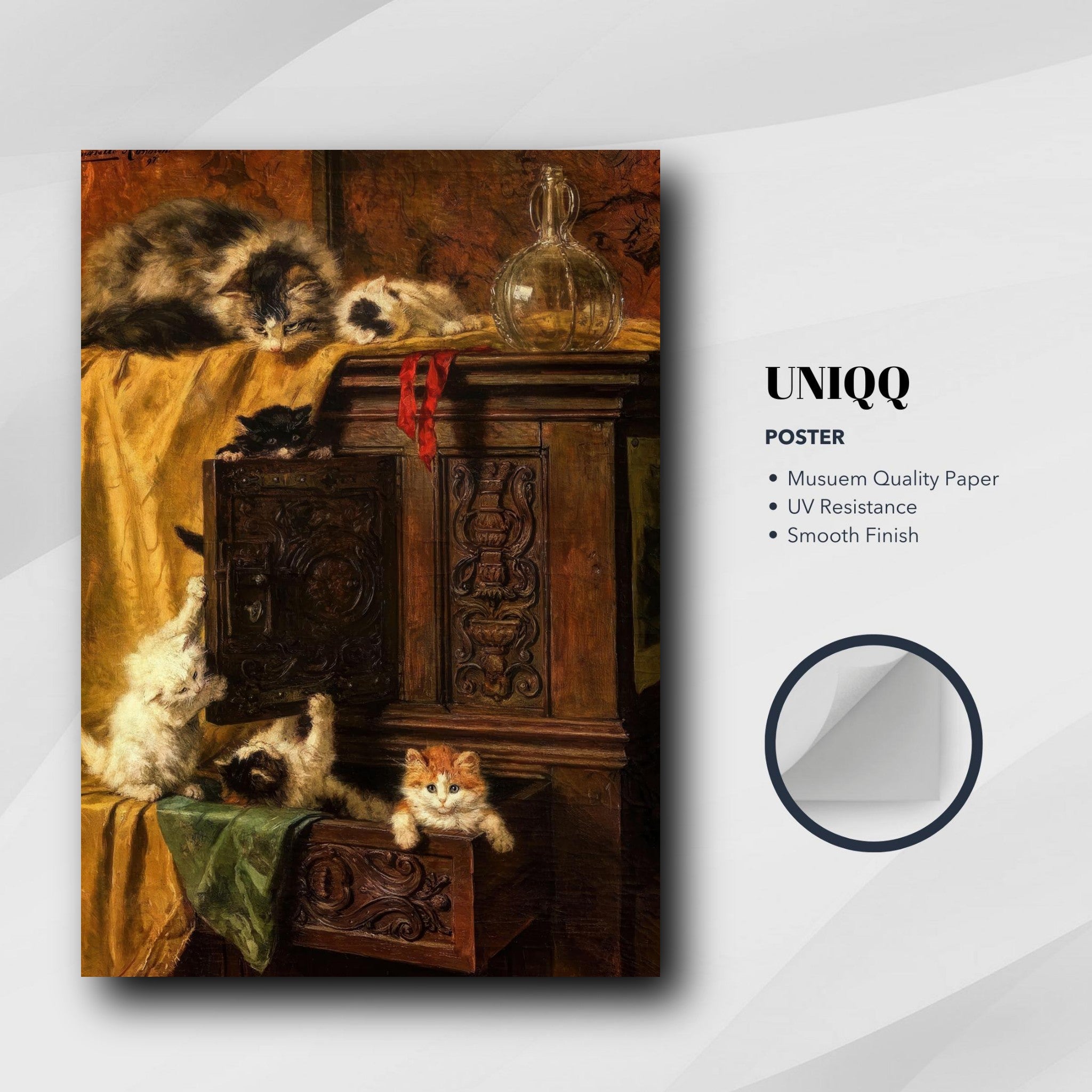 Vintage Cat Painting Poster featuring playful kittens exploring a wooden cabinet, ideal for home decor.