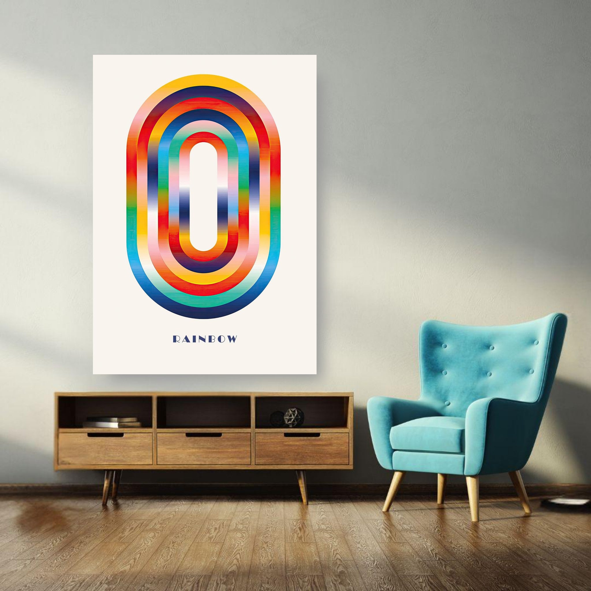 Colorful abstract rainbow geometric art poster displayed in a modern living room with teal chair and wooden furniture.