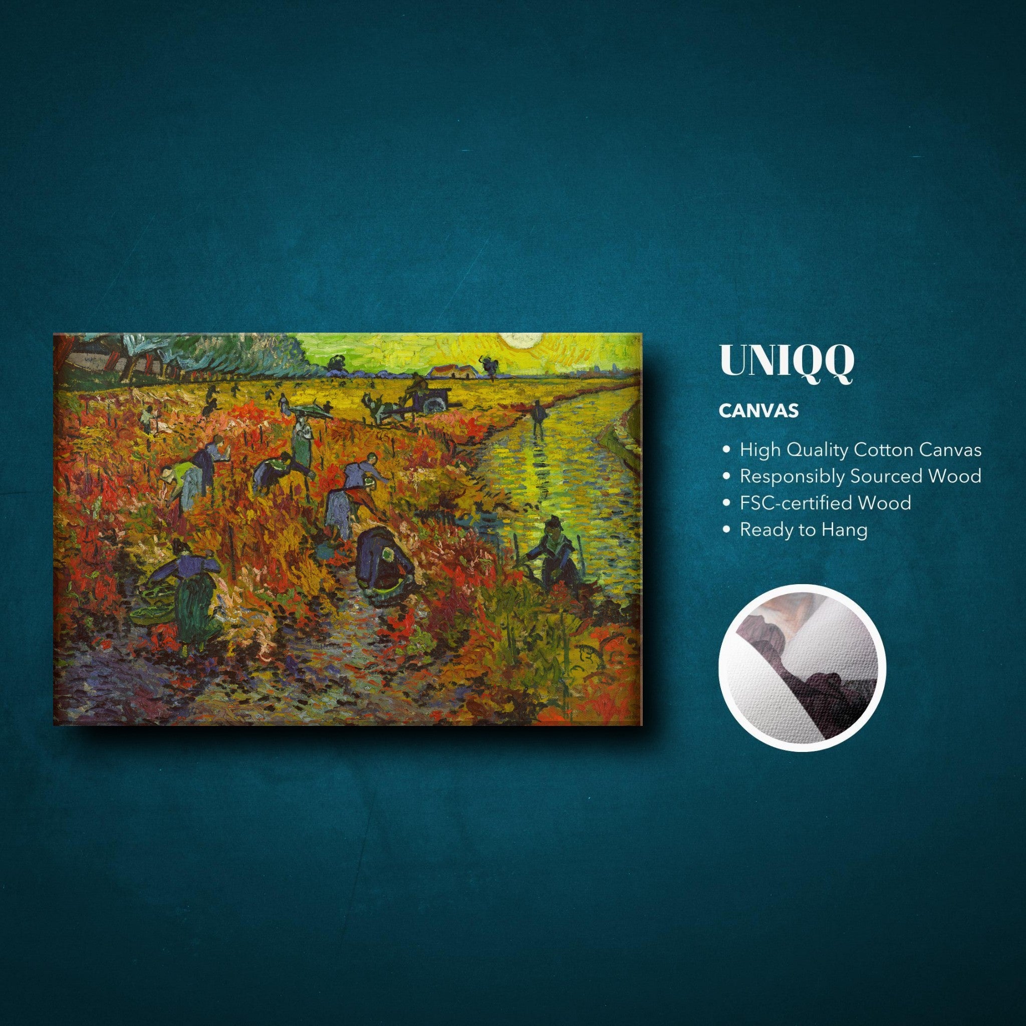 The Red Vineyard canvas print by Van Gogh showcasing vibrant reds and greens, perfect for home decor.