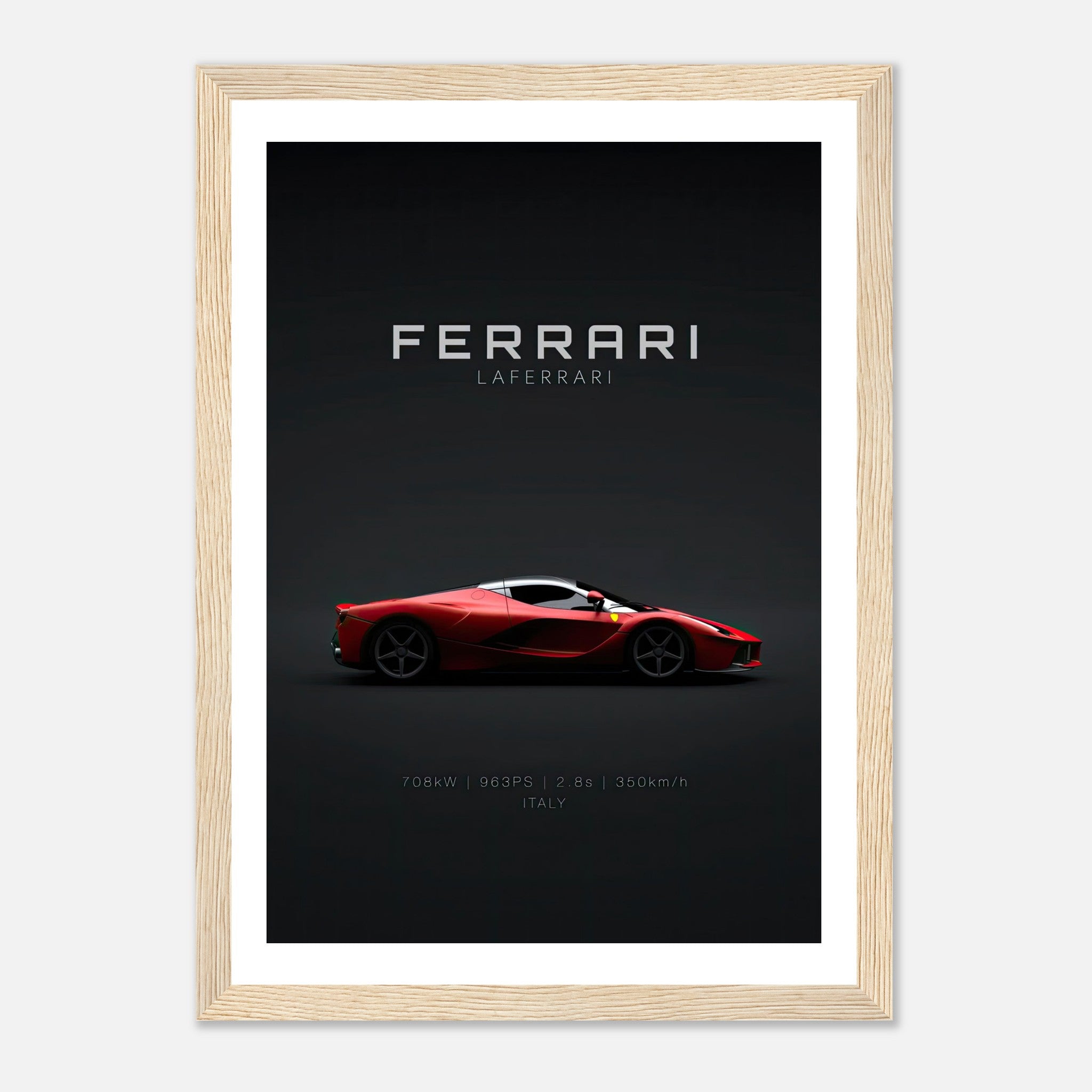 Ferrari Laferrari framed poster showcasing the iconic red hypercar in a sleek design on a dark background.