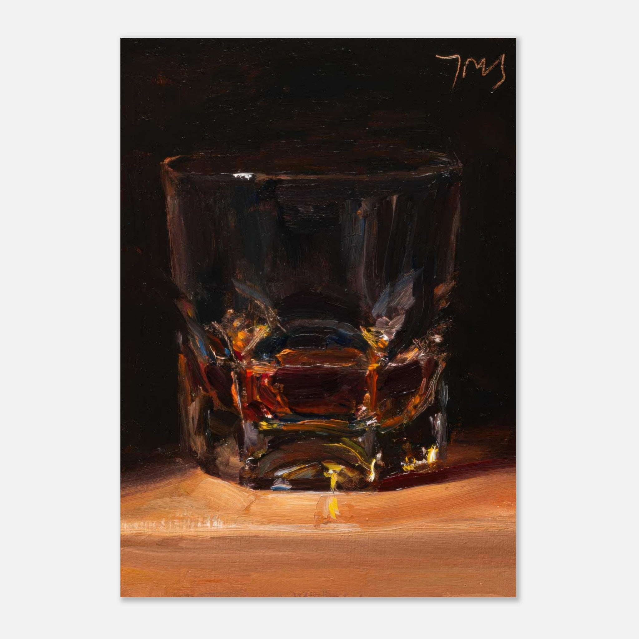 Whiskey poster featuring a glass of amber whiskey art, showcasing rich hues and a textured, lifelike quality.