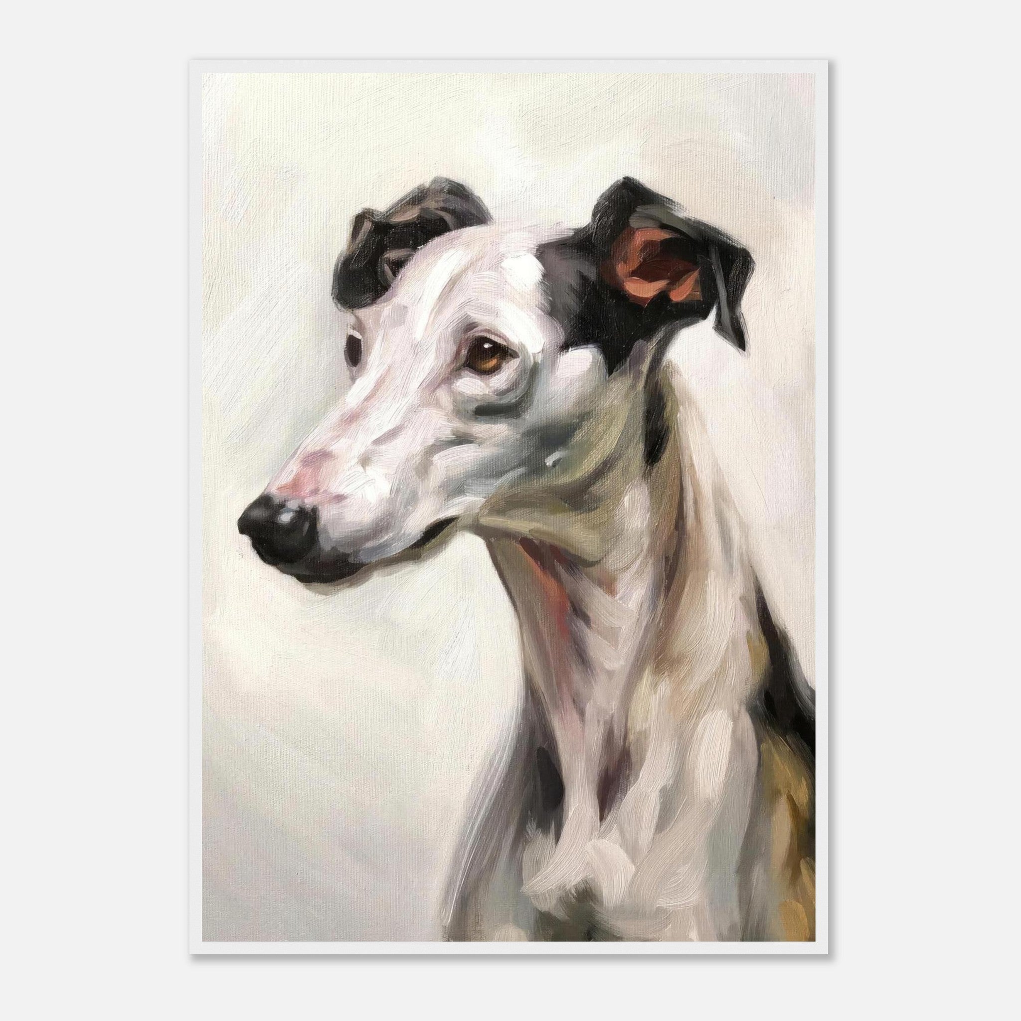 Elegant Greyhound dog painting framed print showcasing detailed brushwork and gentle expression.