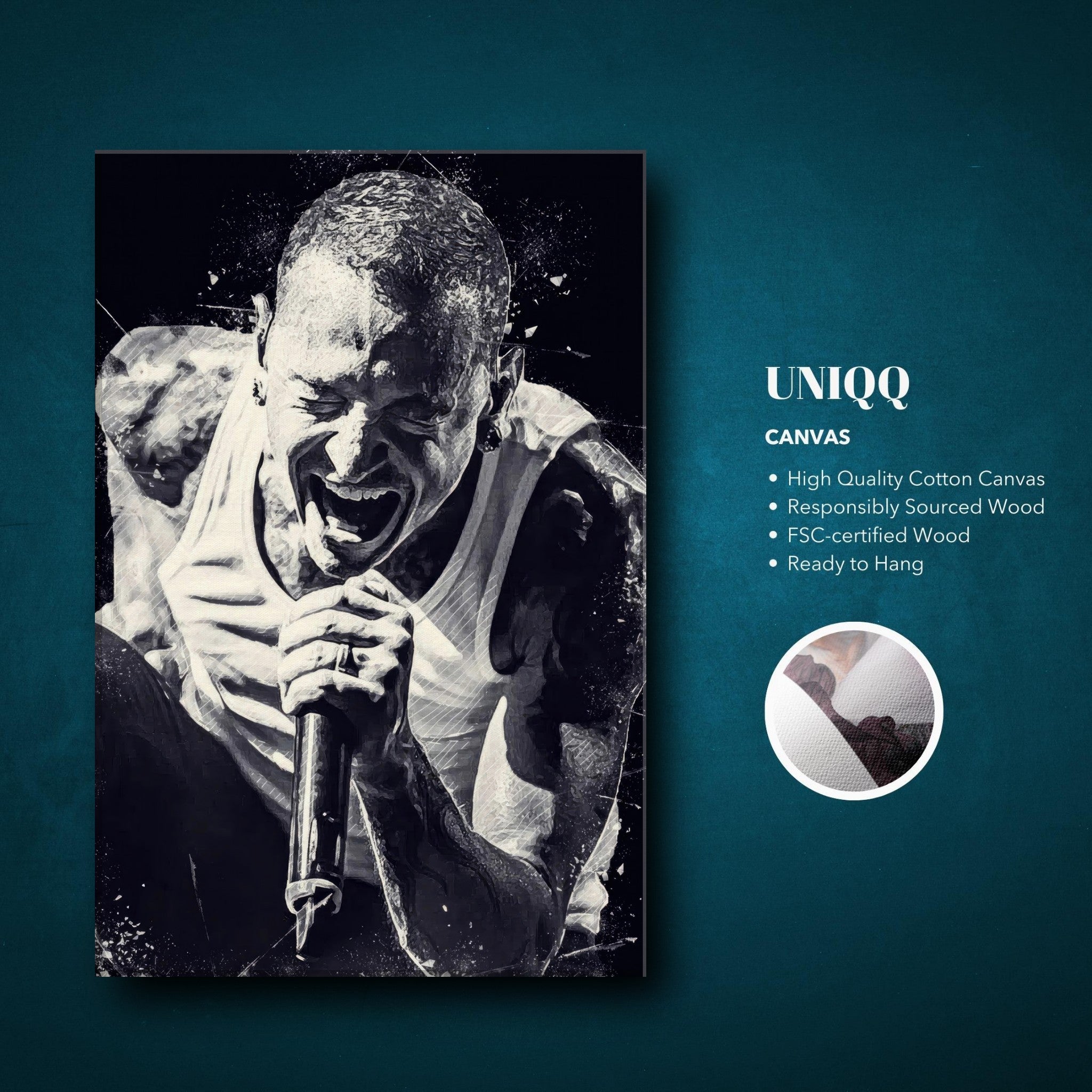 Chester Bennington canvas print featuring a black-and-white image of the dynamic Linkin Park frontman singing passionately.