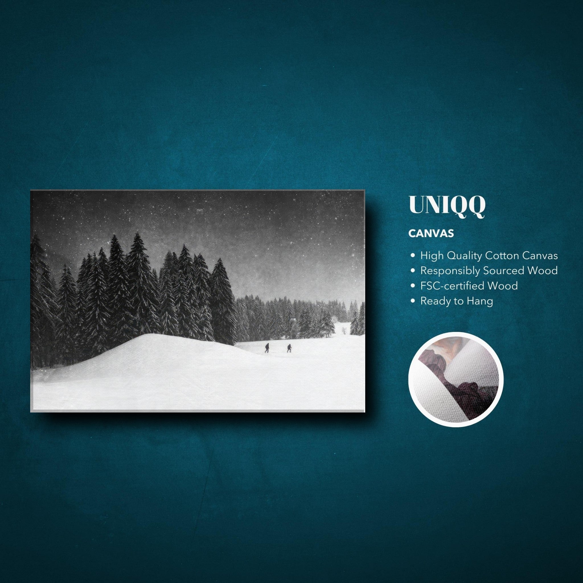Winter Crossing Canvas artwork featuring a snowy forest with evergreens and distant figures, serene winter scene.