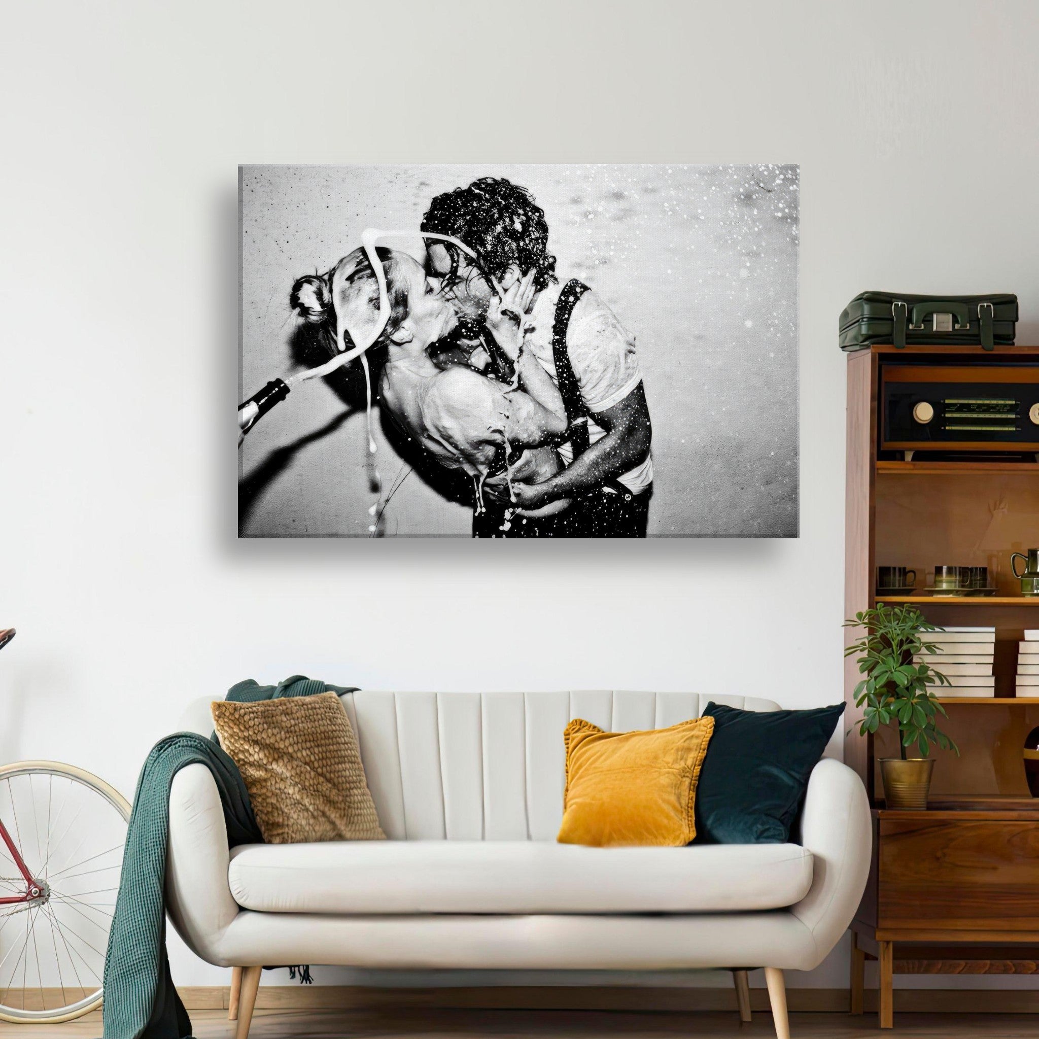 Black-and-white canvas print of Johnny Depp and Kate Moss kissing, titled 'The Champagne Kiss'.