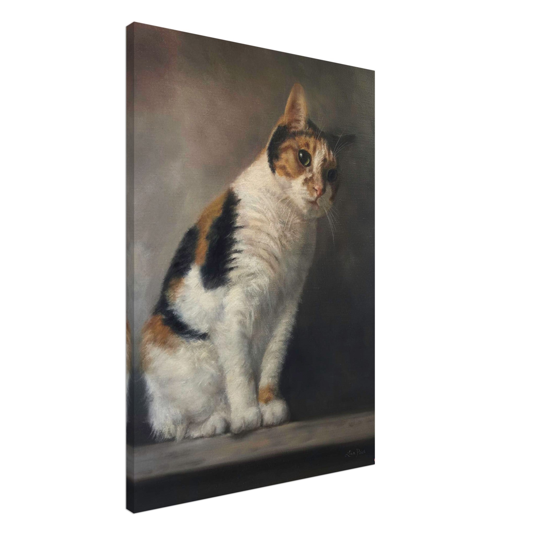 Realistic cat portrait painting canvas print featuring a calico cat with lifelike details and warm colors.