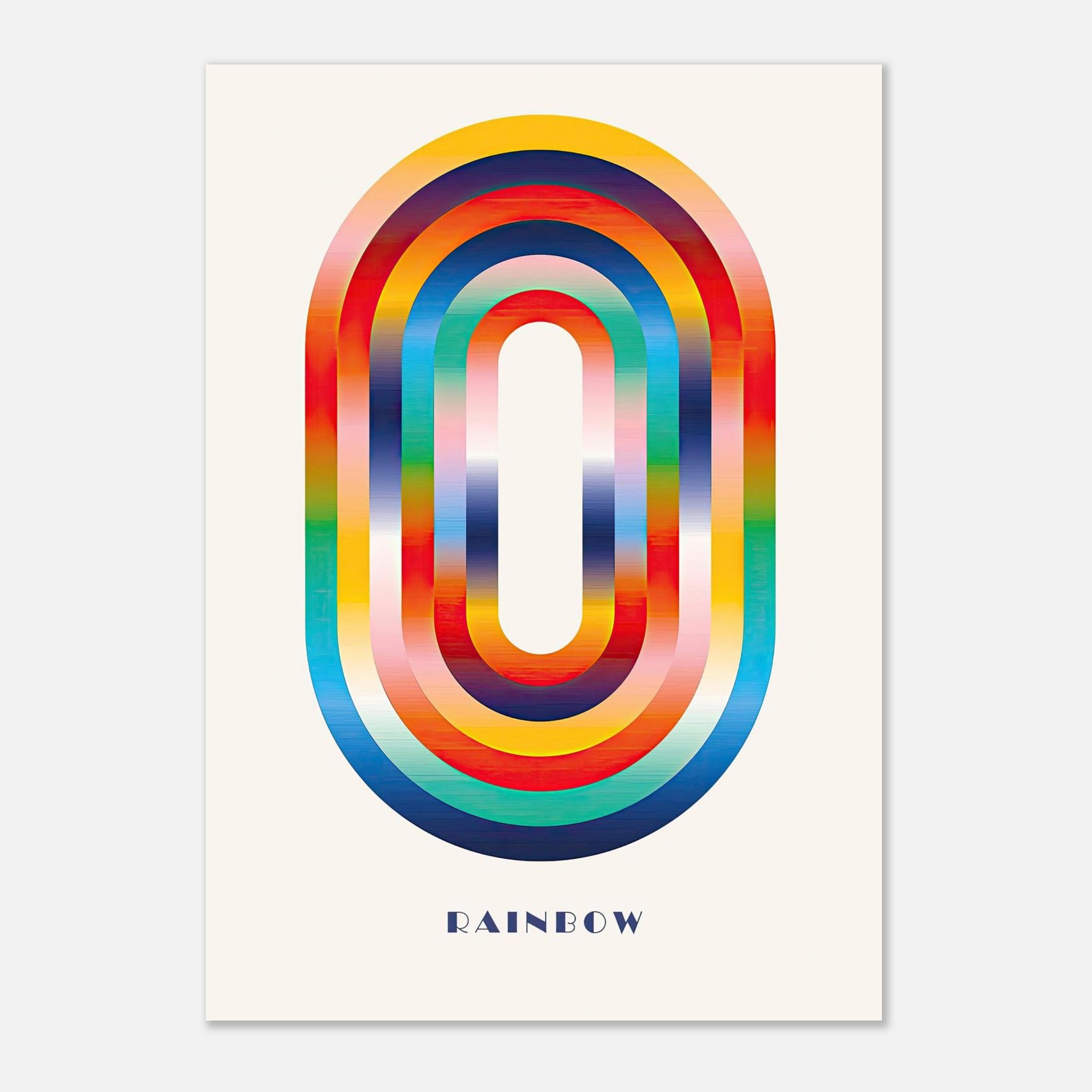 Colorful abstract rainbow geometric art poster featuring vibrant concentric shapes.