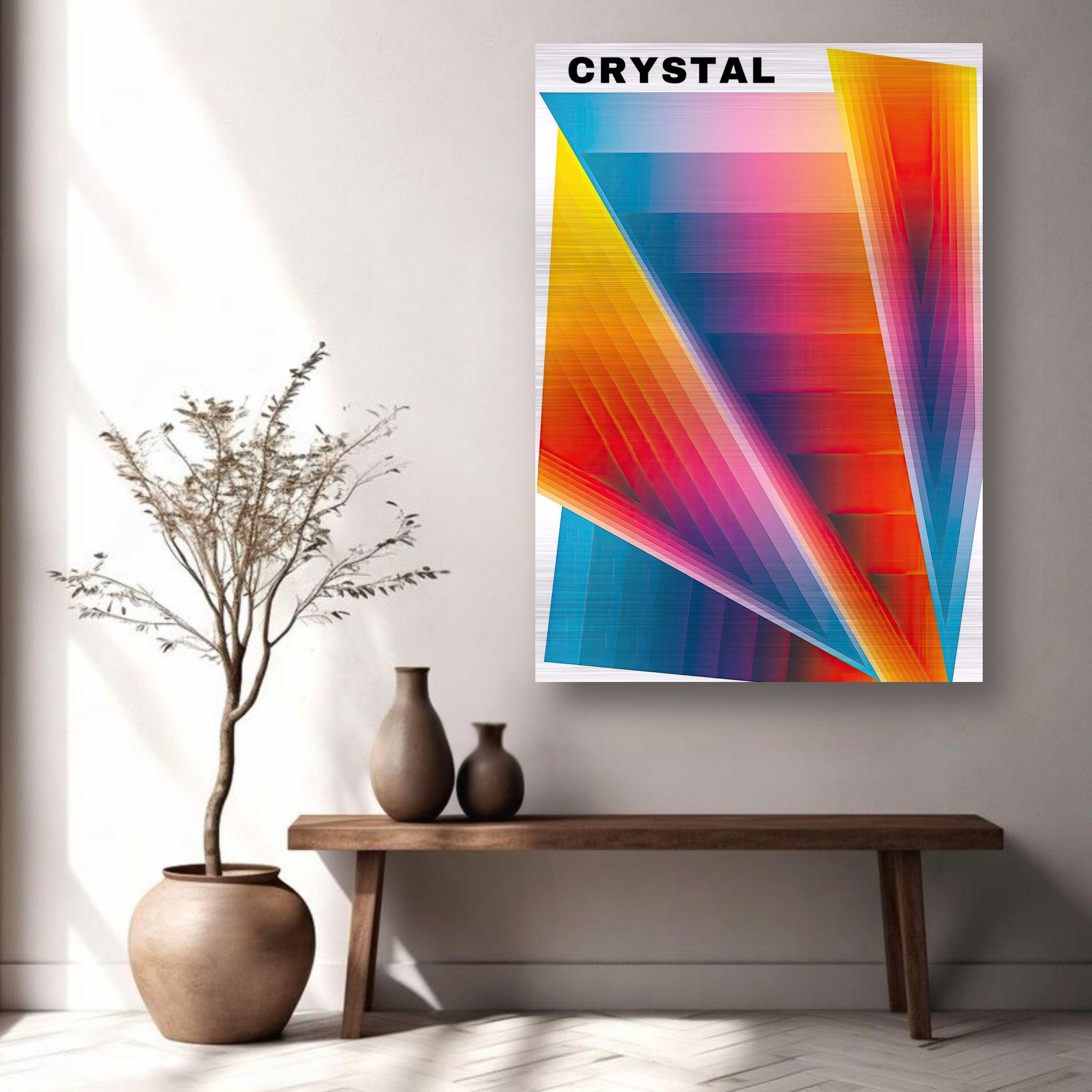 Crystal Abstract Art on brushed metal, featuring vibrant colors and geometric shapes in a modern living space.