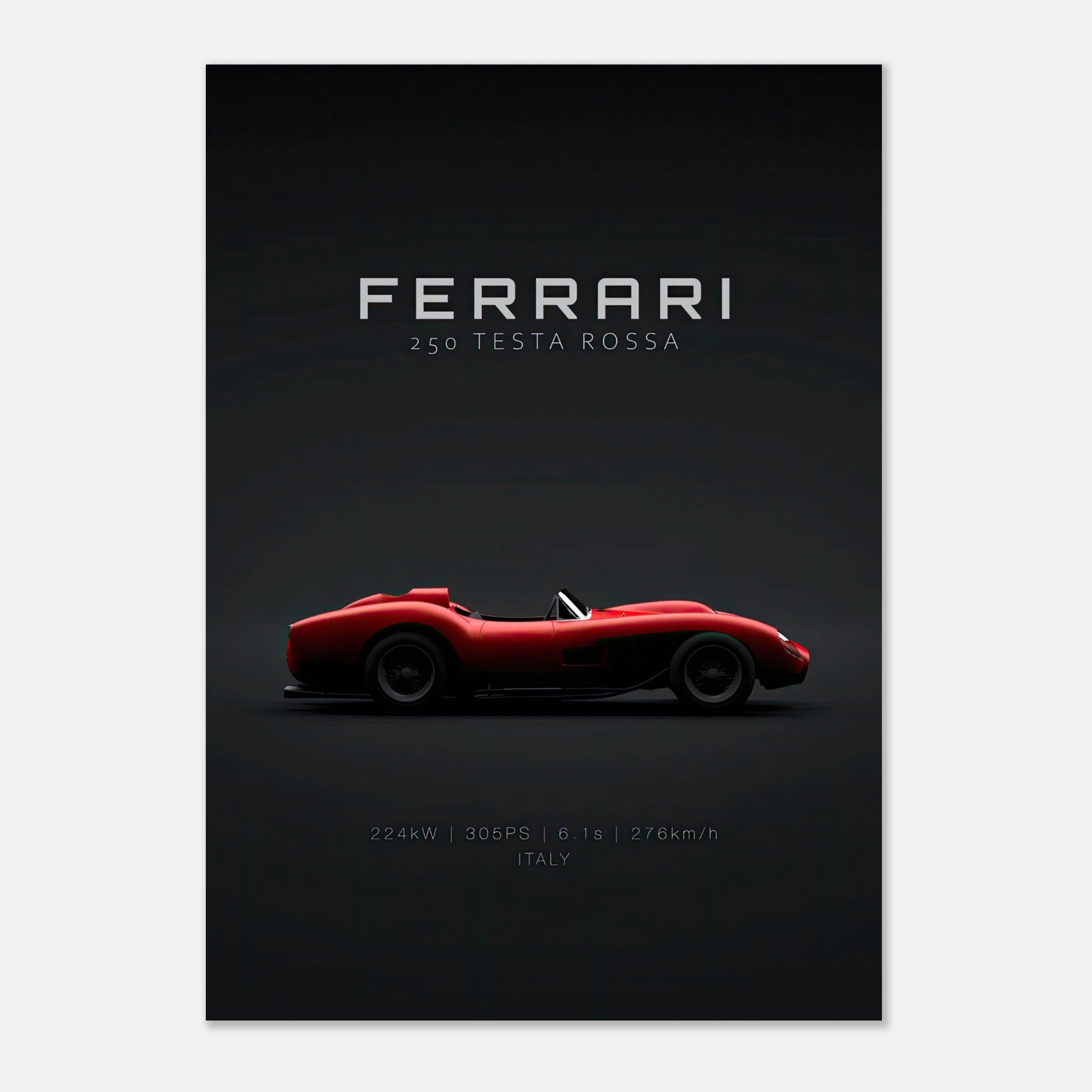 Ferrari 250 Testa Rossa poster featuring a sleek profile of the iconic racing car on a minimalist black background.