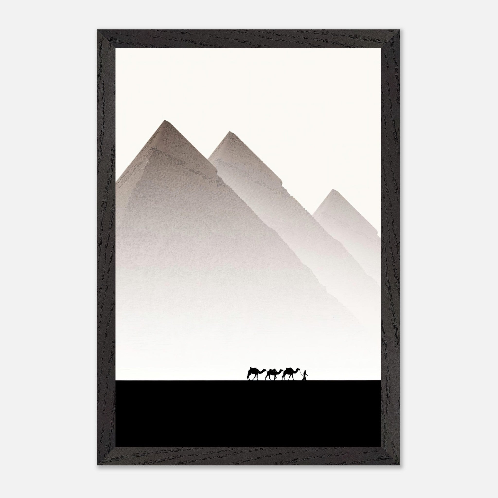 Framed Giclée art of the Pyramids of Giza with camels, showcasing elegant minimalism and tranquility.