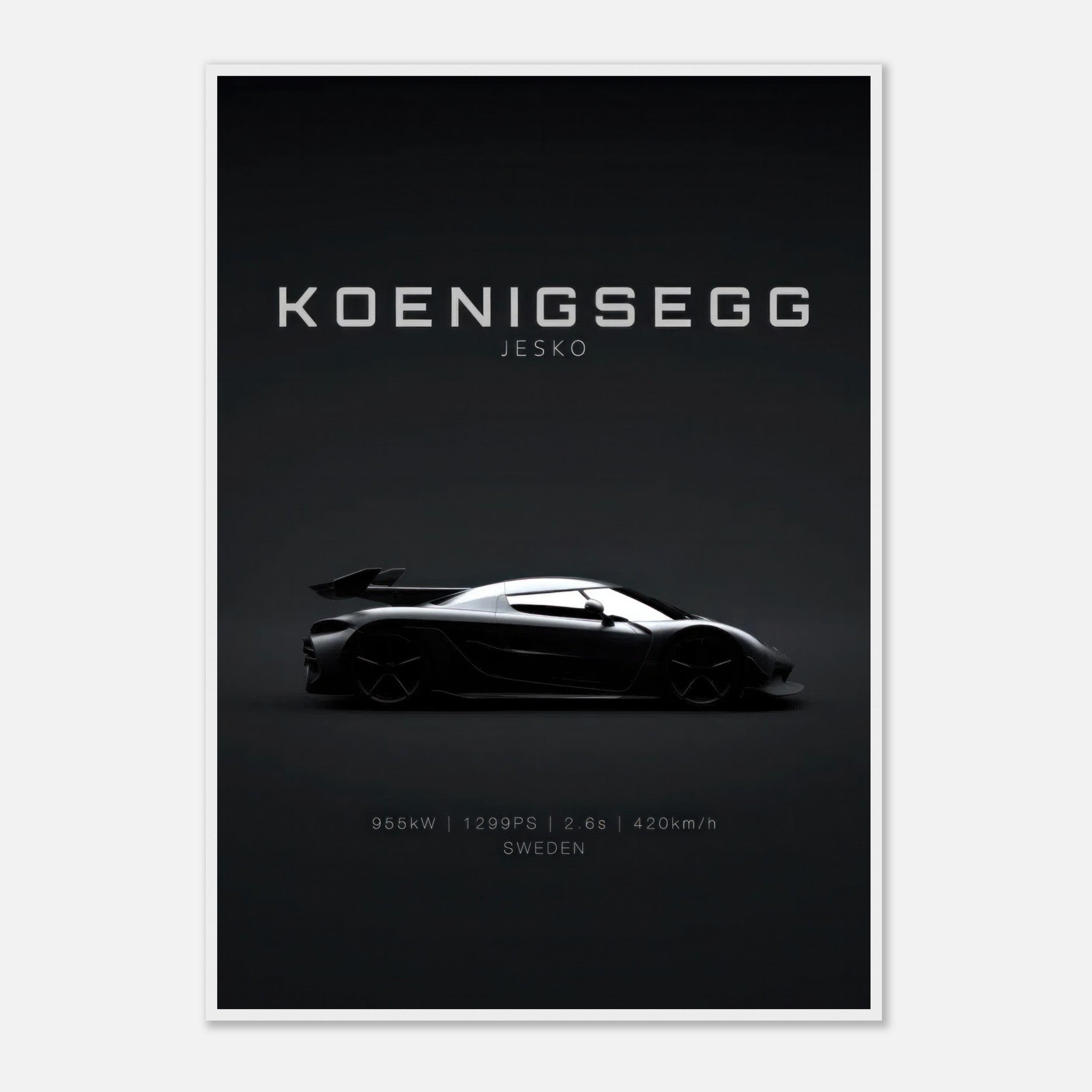 Koenigsegg Jesko framed poster showcasing the sleek silhouette against a minimalist black background.