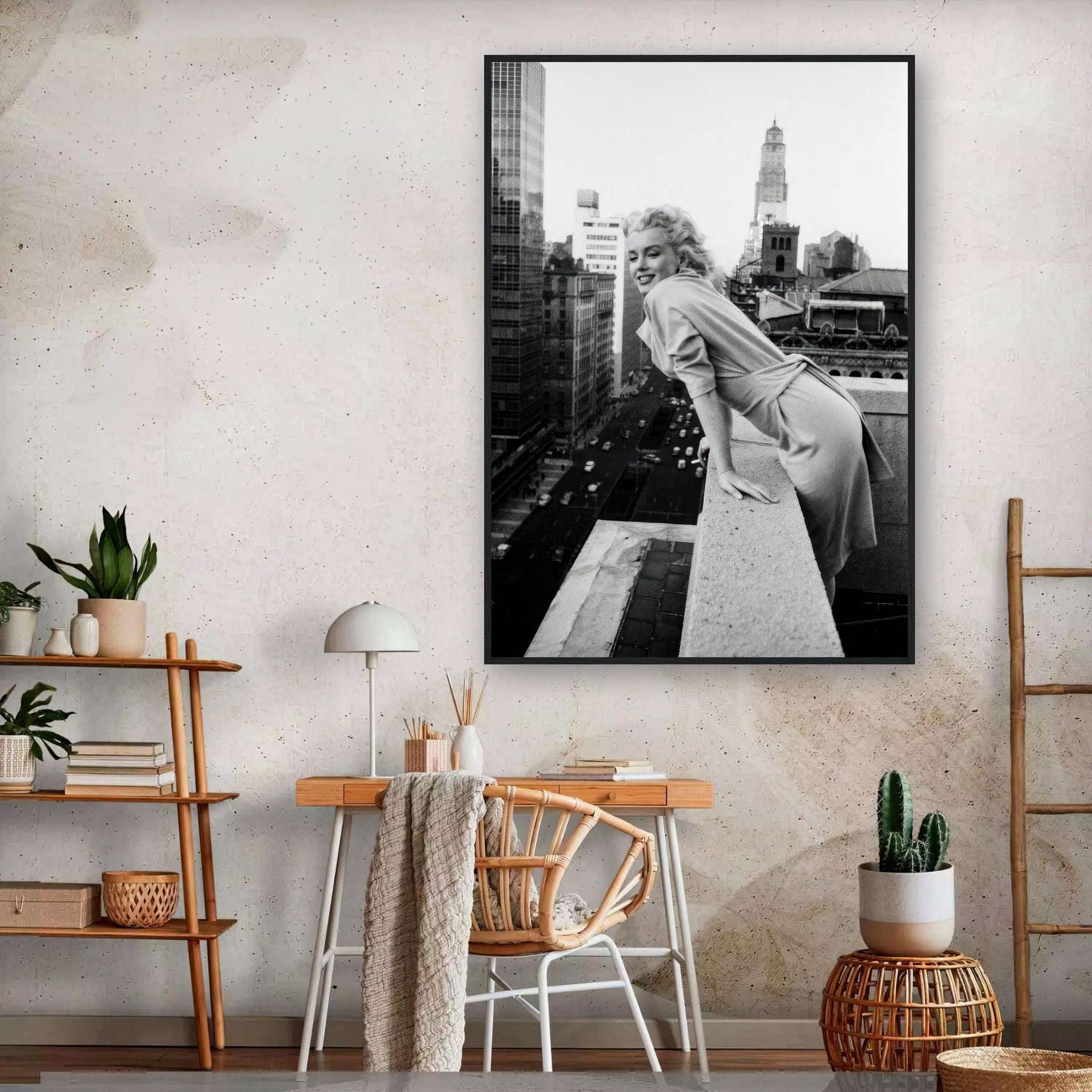 Framed print of Marilyn Monroe on rooftops of New York, showcasing her elegance in a 1950s urban setting.