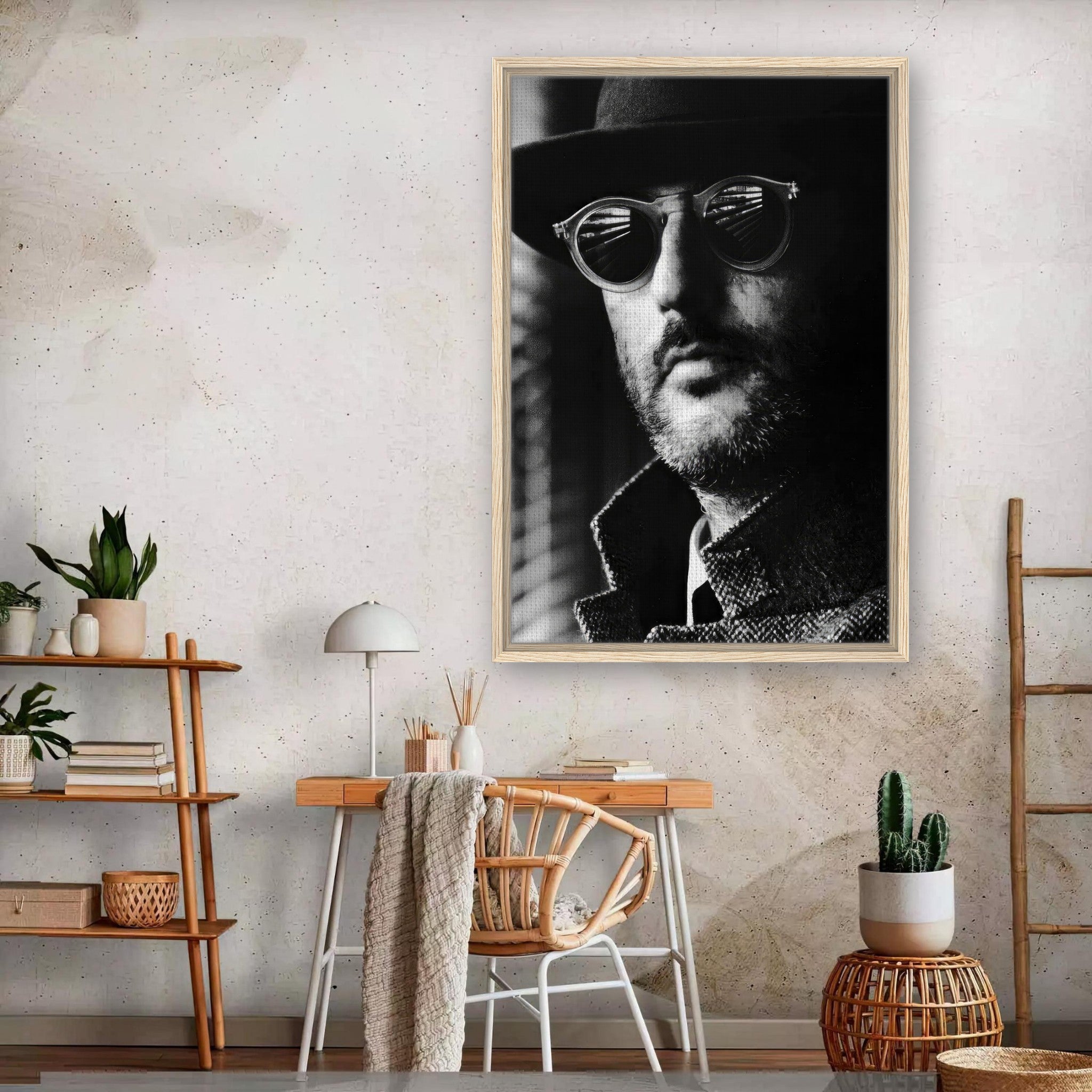 Framed canvas print of Jean Reno in black-and-white, enhancing modern interior decor with cinematic elegance.