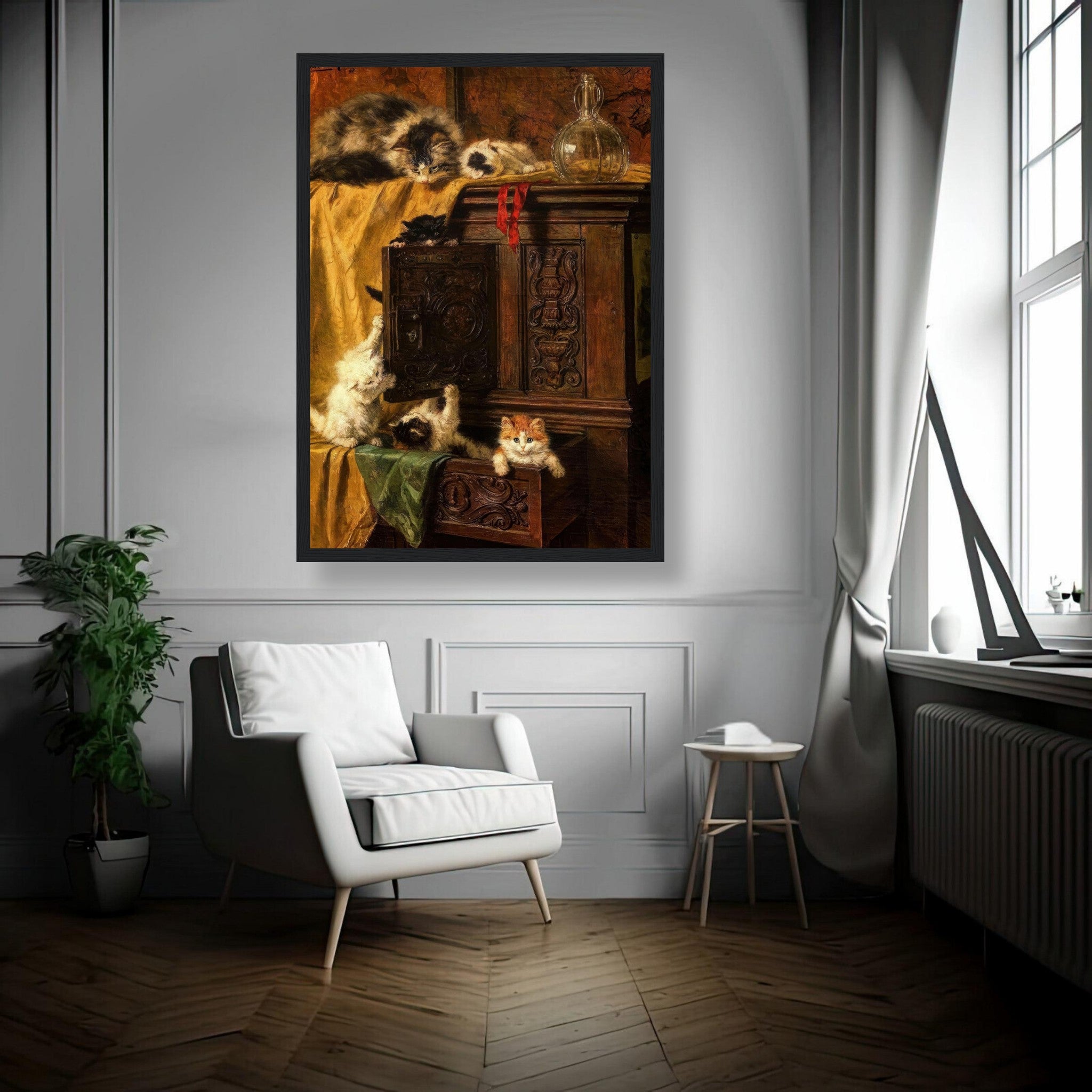 Vintage Cat Painting Framed Print featuring playful kittens exploring a wooden cabinet in a stylish home setting.