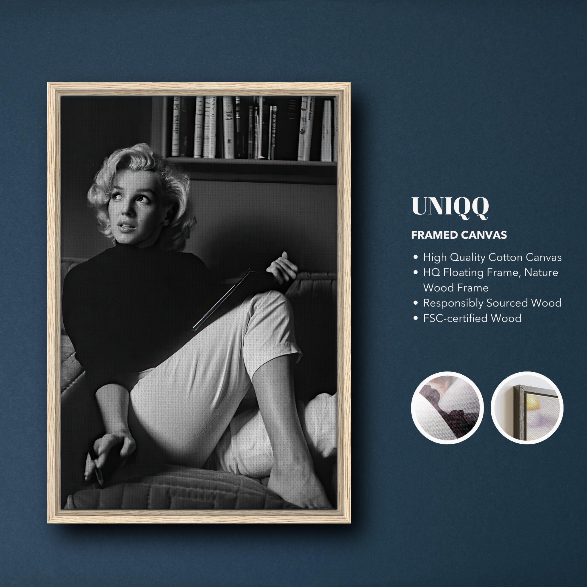 Marilyn Monroe reading a book in black-and-white, framed canvas print, elegant decor for living spaces.