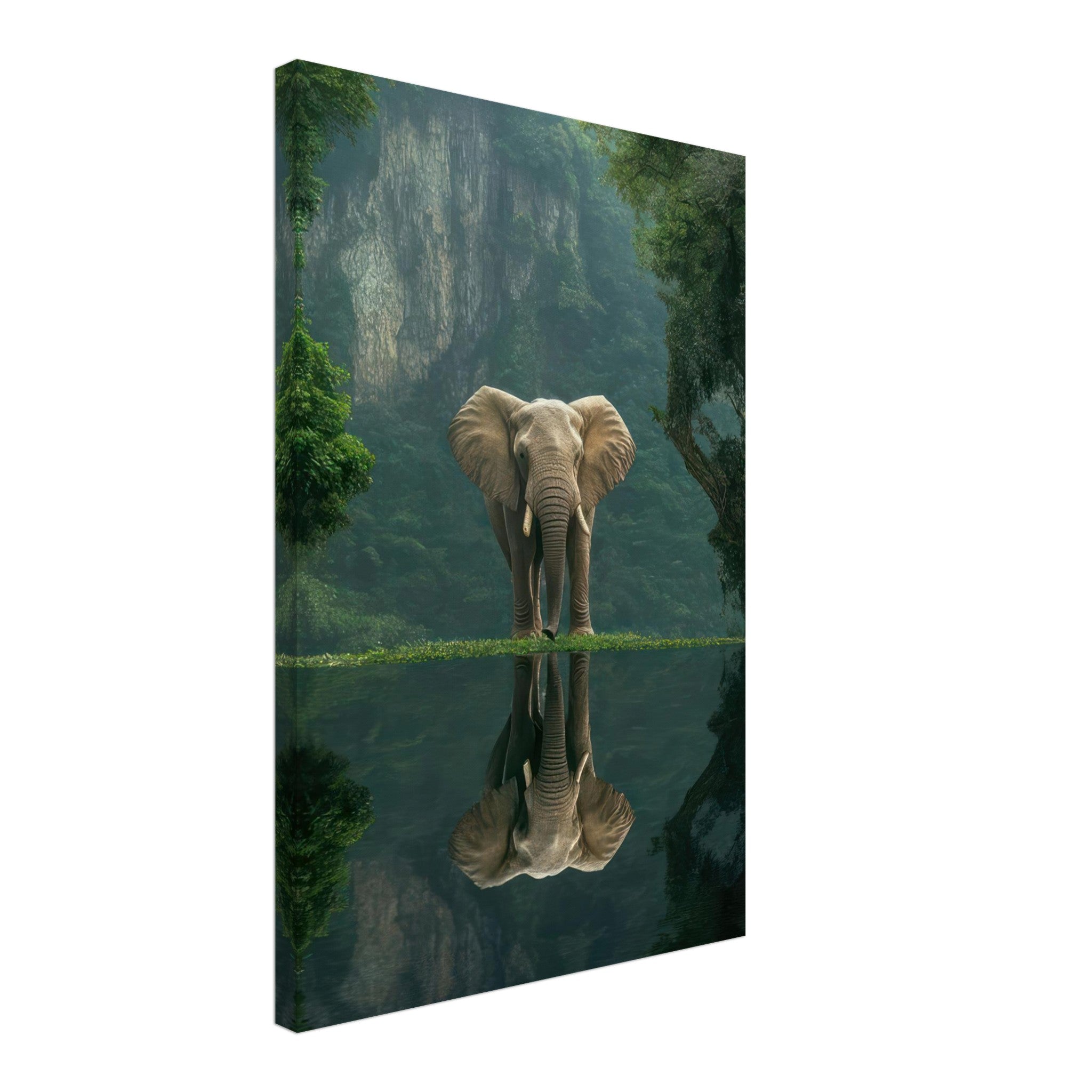 Jungle Elephant Portrait Canvas Print showcasing an elephant by a reflective pool in a lush jungle setting.