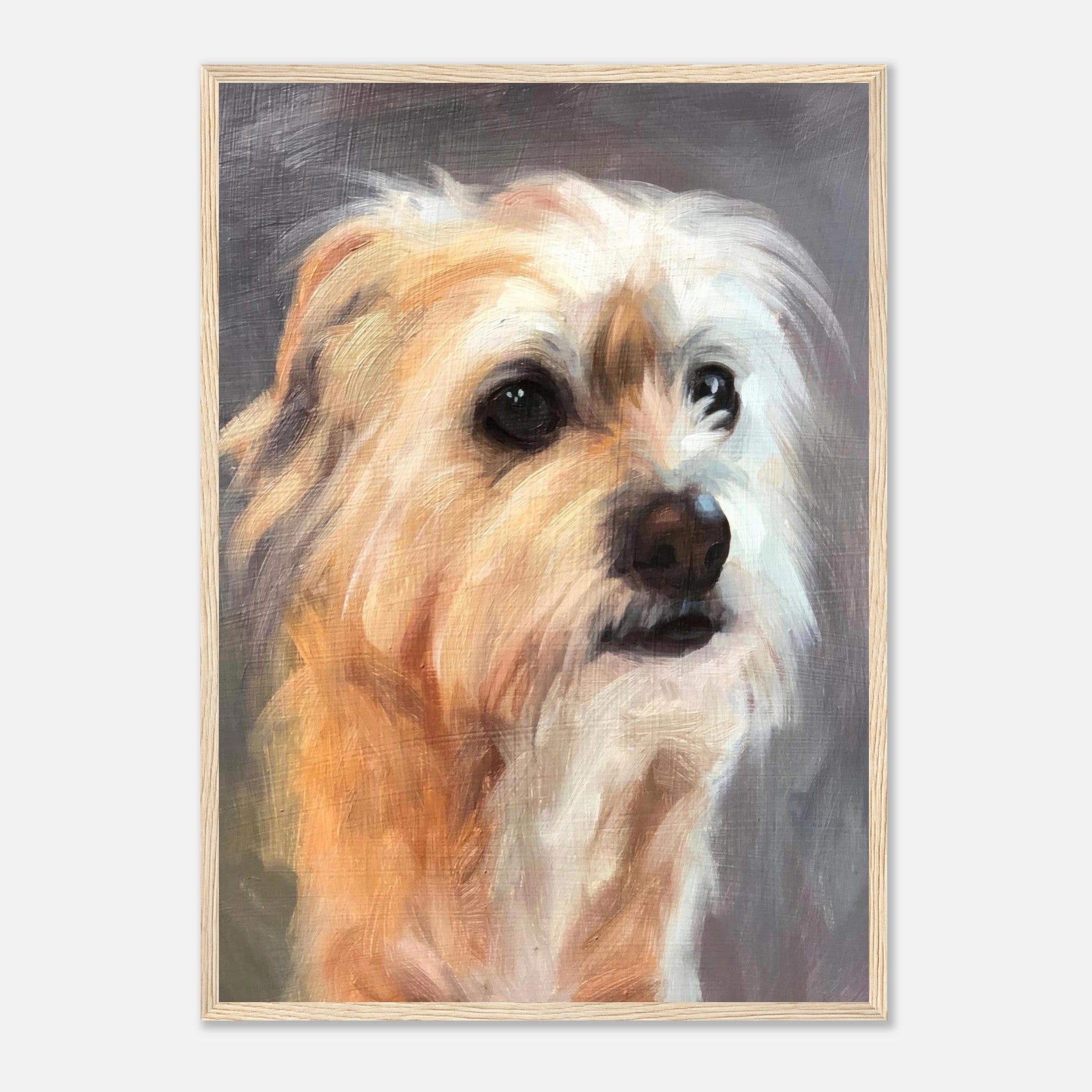 Detailed terrier dog painting framed print showcasing expressive eyes and warm colors.