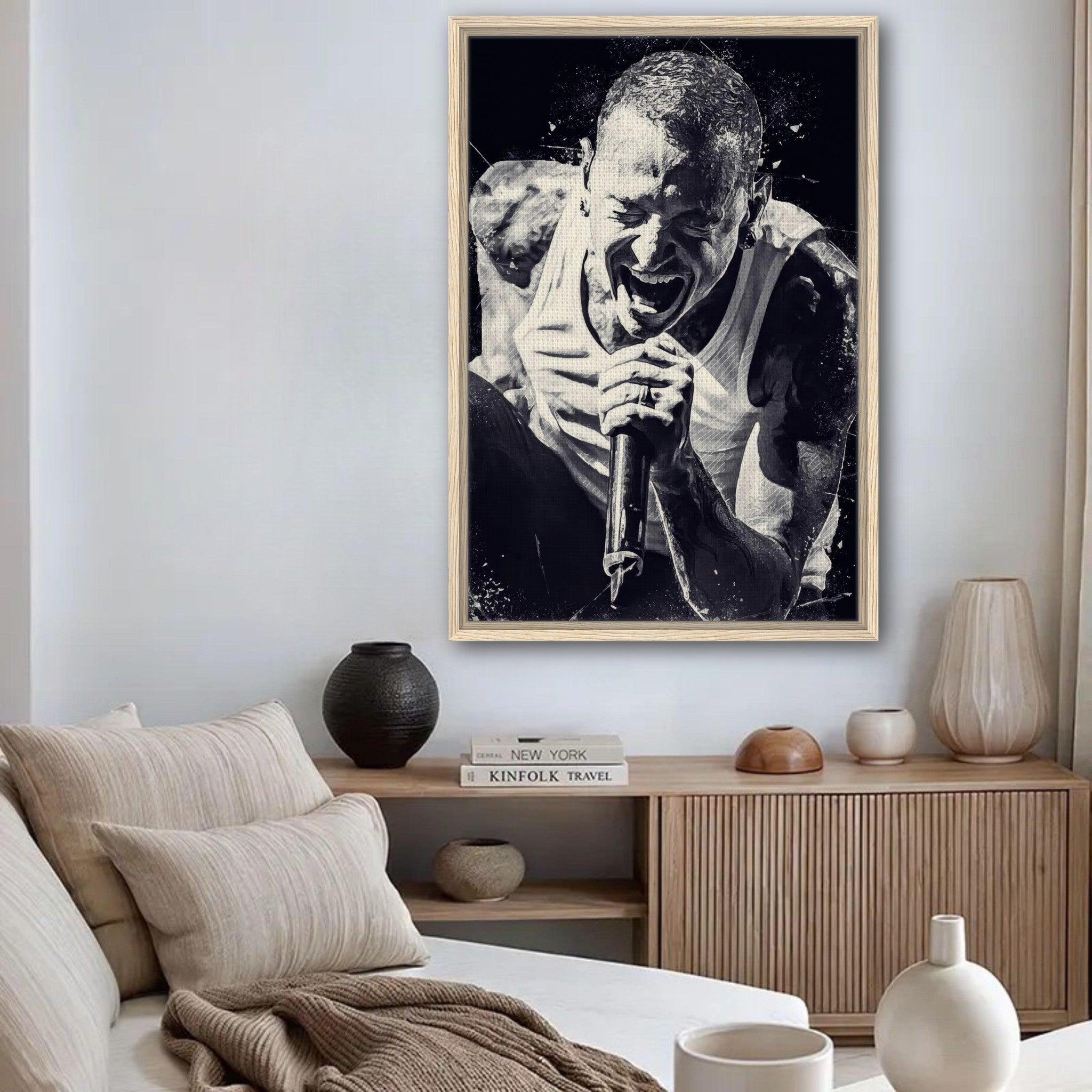 Chester Bennington framed canvas print showcasing intense performance, perfect for Linkin Park fans in modern decor.