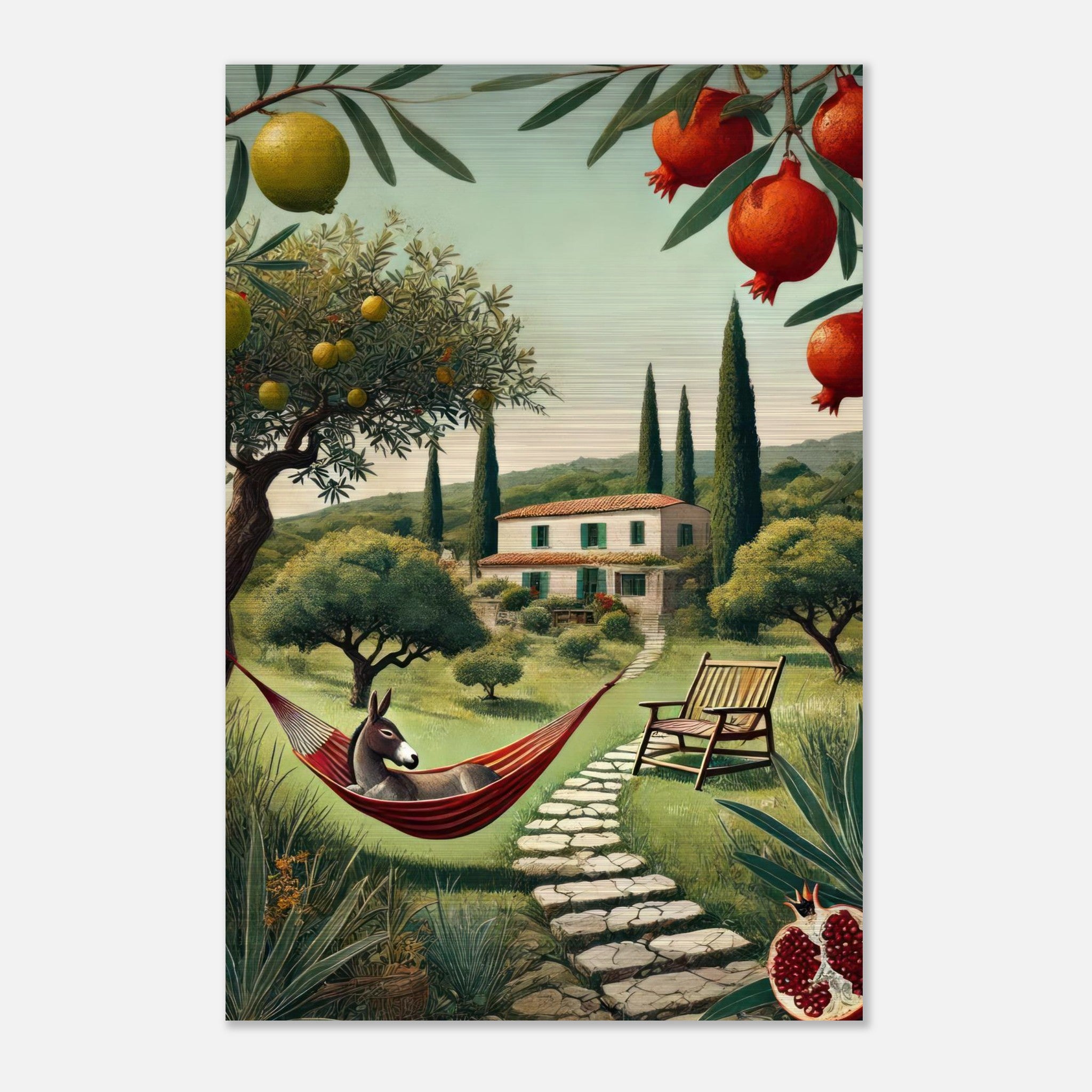 Mediterranean rural landscape print featuring a donkey in a hammock, surrounded by olive trees and pomegranates.