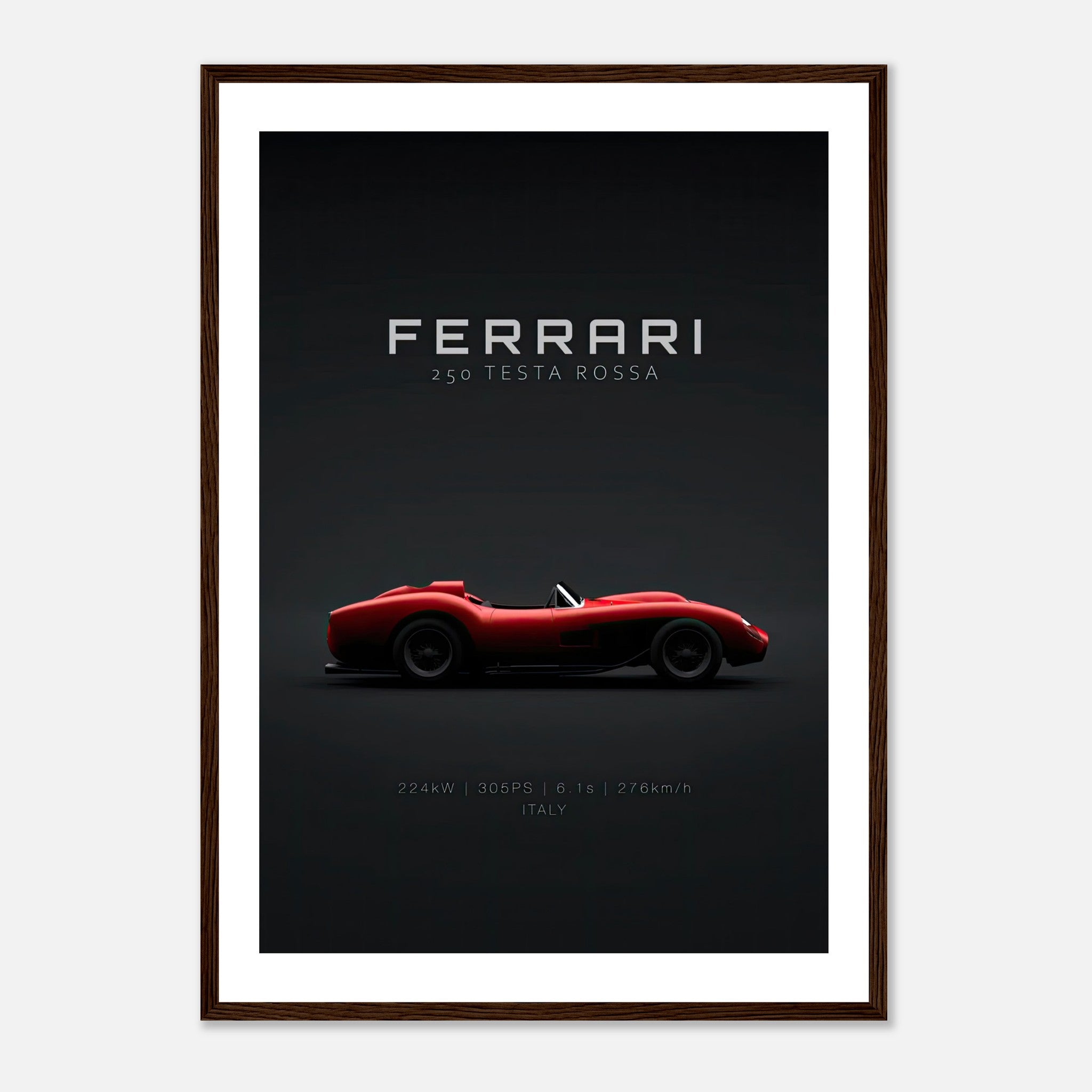 Ferrari 250 Testa Rossa framed poster showcasing the car's sleek profile against a minimalist black background.