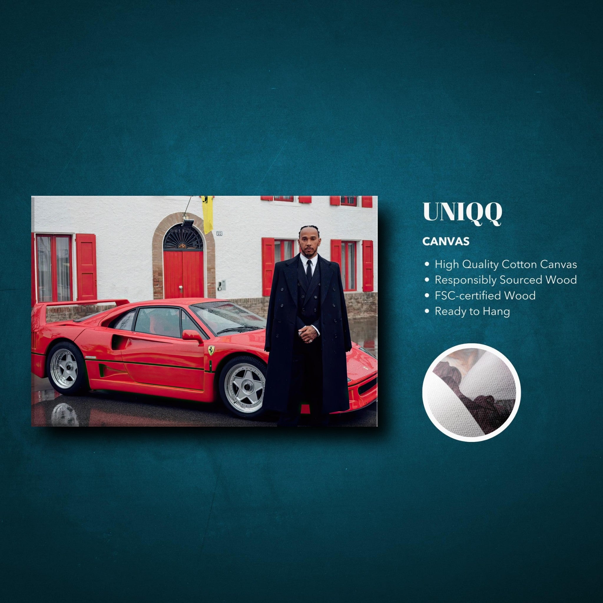 Lewis Hamilton beside a Ferrari F40 in a canvas artwork, capturing a moment in motorsport history.