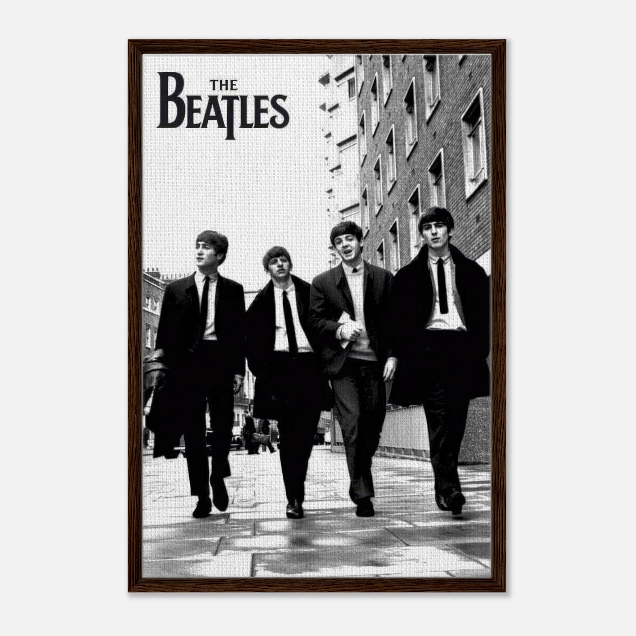 The Beatles Cover framed canvas print featuring four band members walking in suits.