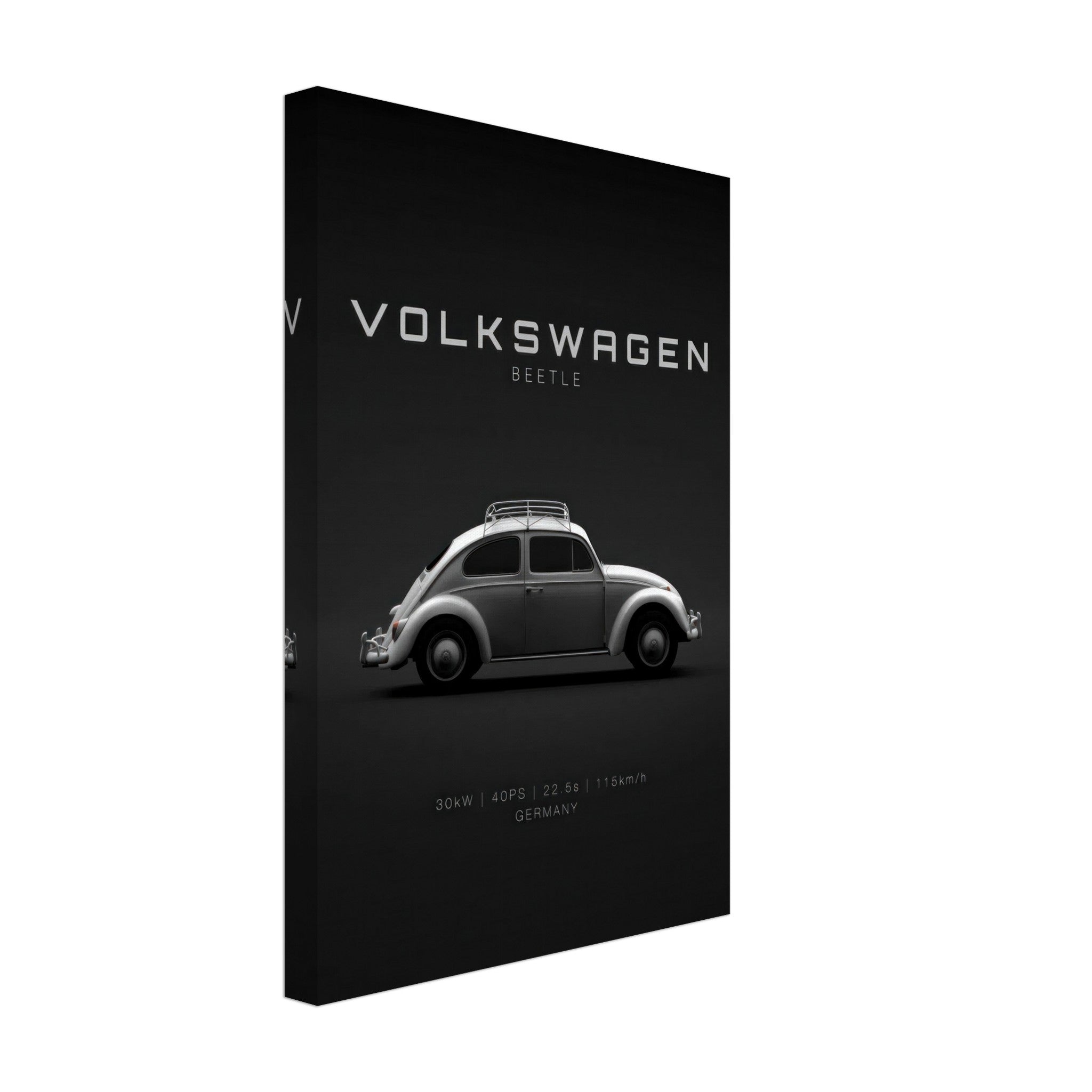 Volkswagen Beetle Canvas art featuring a classic car silhouette on a sleek black background.