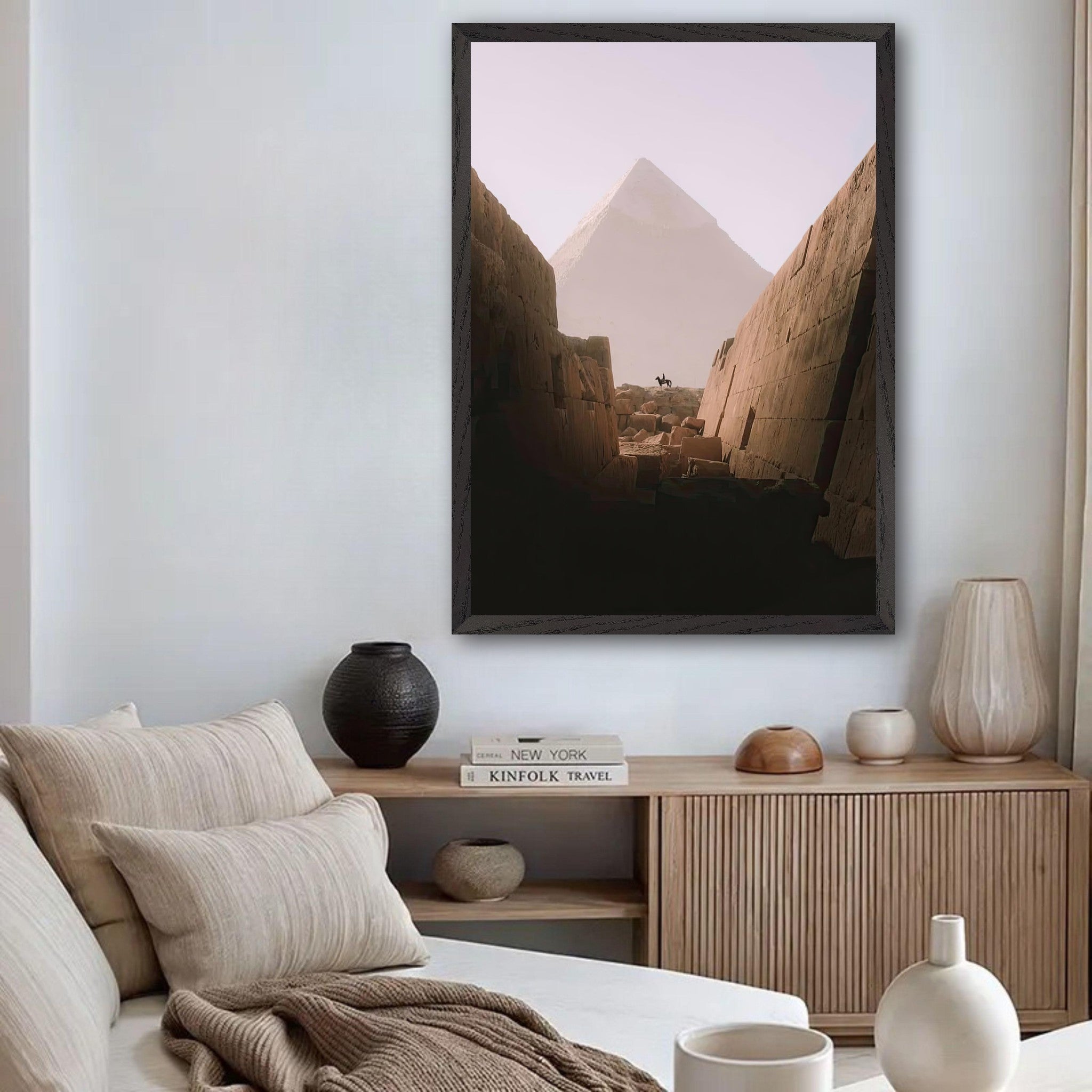 Elegant room with art featuring Great Pyramid of Giza, showcasing a serene and historic landscape.