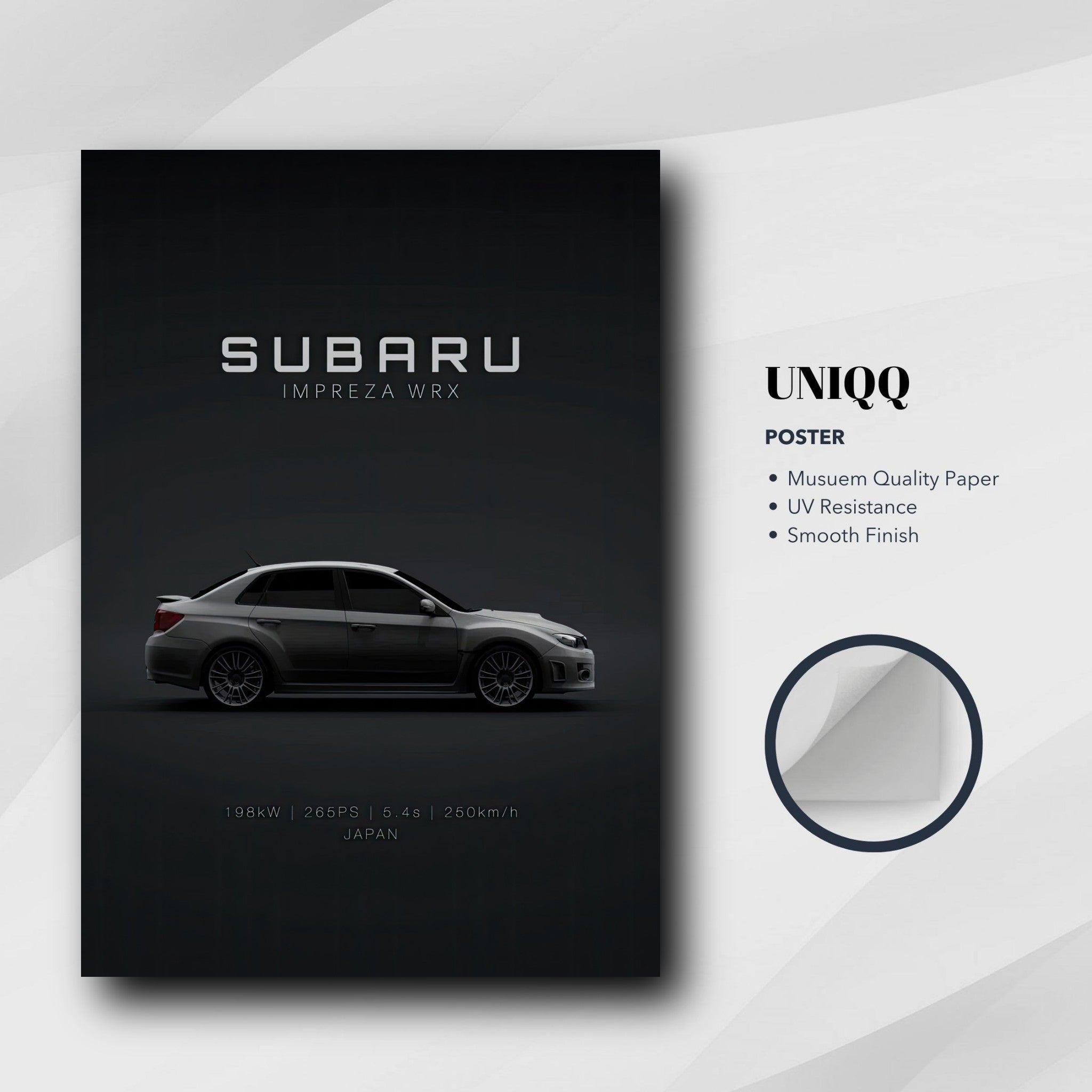 Subaru WRX poster showcasing the Impreza WRX design with specs on museum-quality paper, featuring a sleek dark background.