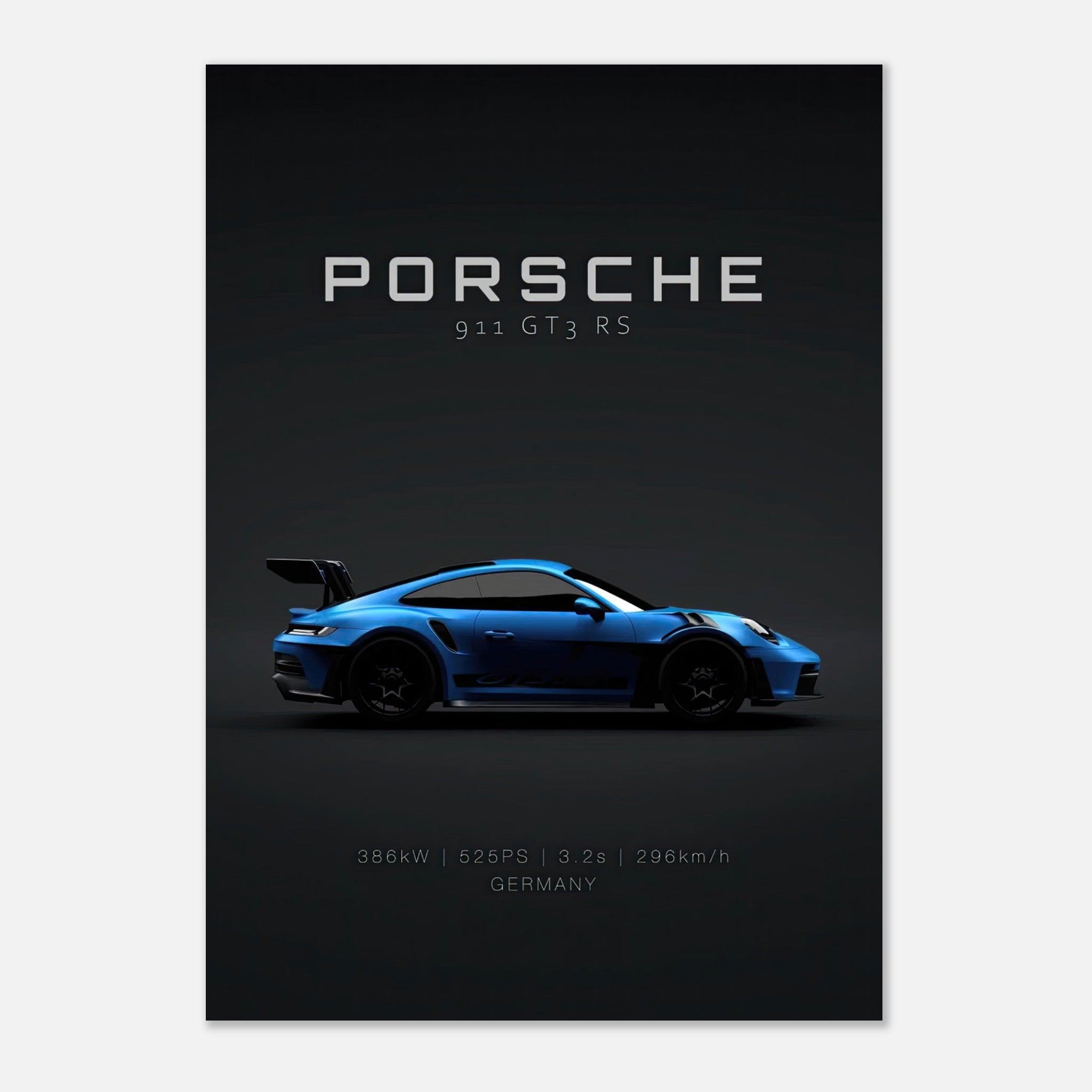 Porsche 911 GT3 RS poster featuring a blue sports car on a minimalist black background.