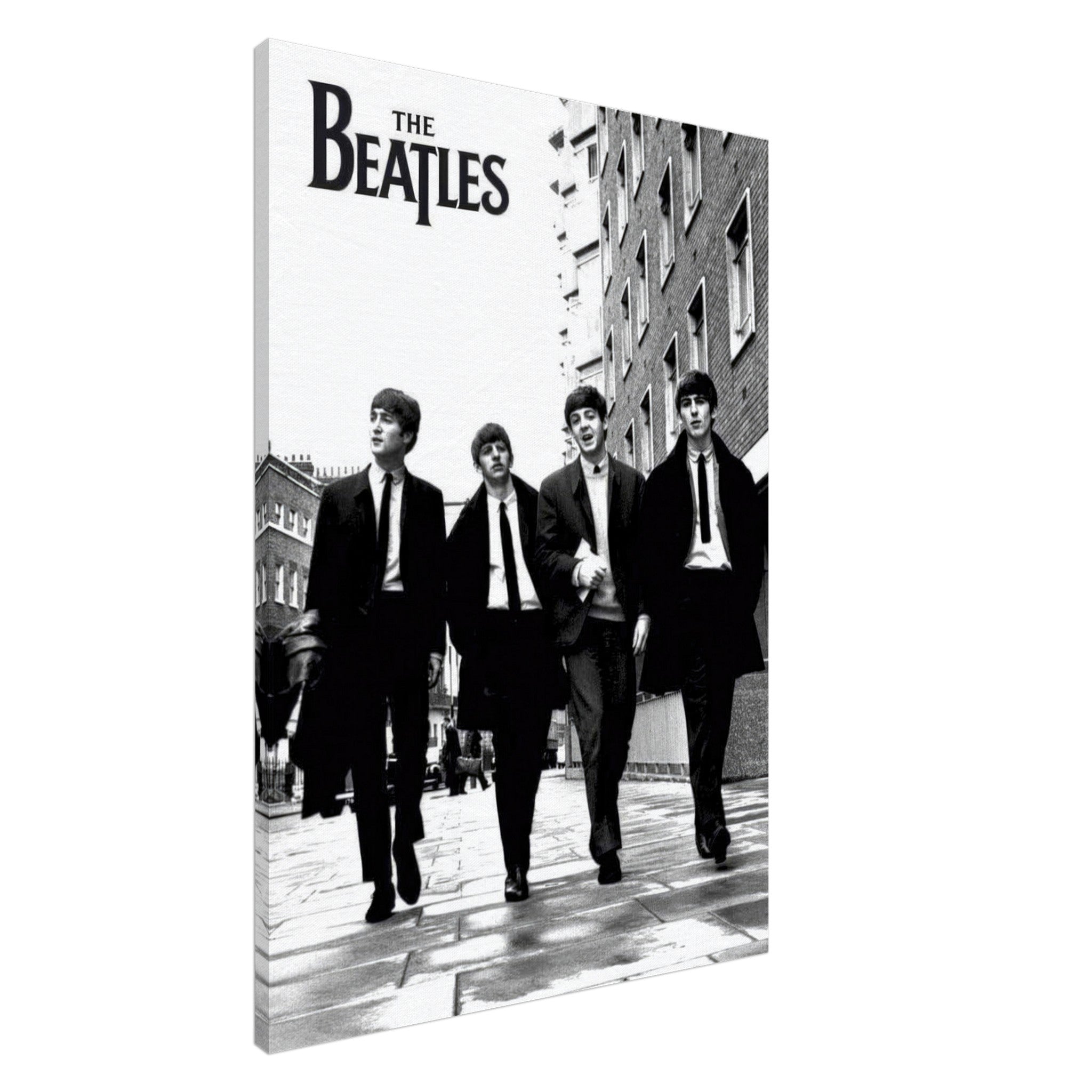 Black and white canvas print of The Beatles walking through the streets, perfect for music lovers and collectors.