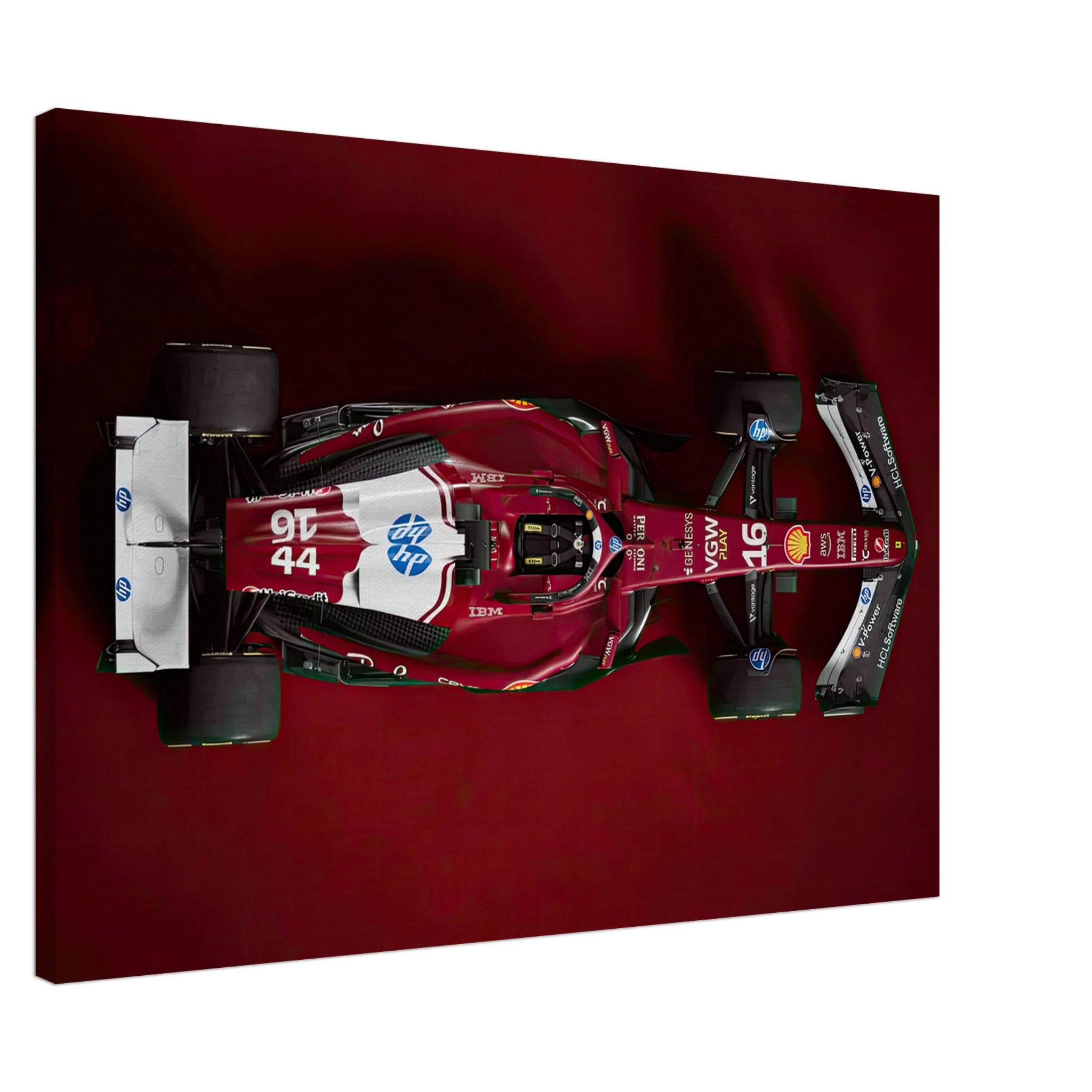 Ferrari F1 2025 canvas print featuring a top-down view of a sleek red race car on a dark background.