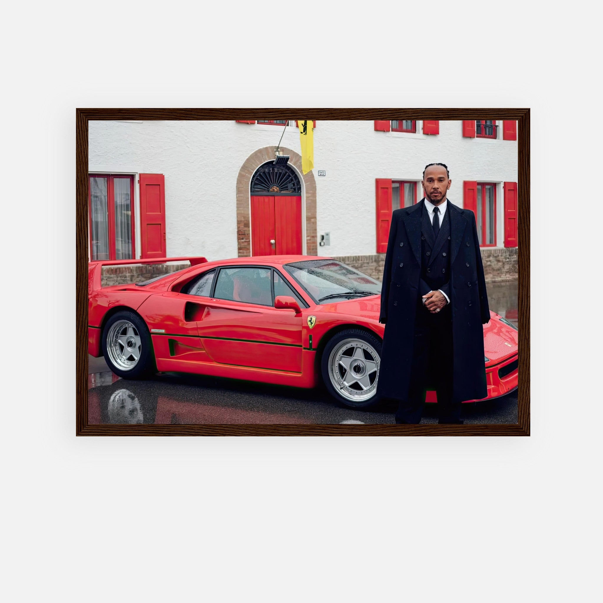Lewis Hamilton Ferrari F40 debut framed print showcasing elegance and automotive excellence.