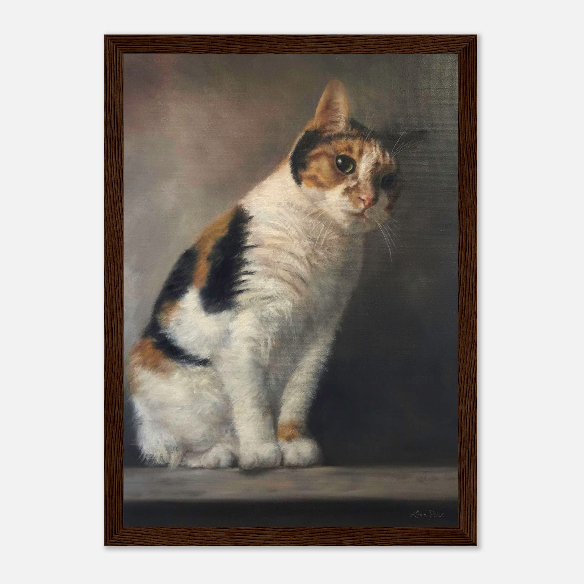 Realistic cat portrait painting framed print showcasing a calico cat's intricate details and soulful expression.