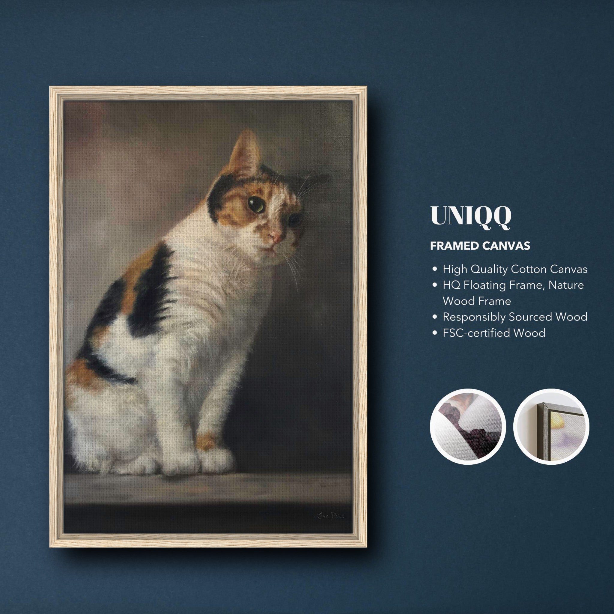 Framed canvas print of a realistic cat portrait, showcasing intricate details and rich colors.