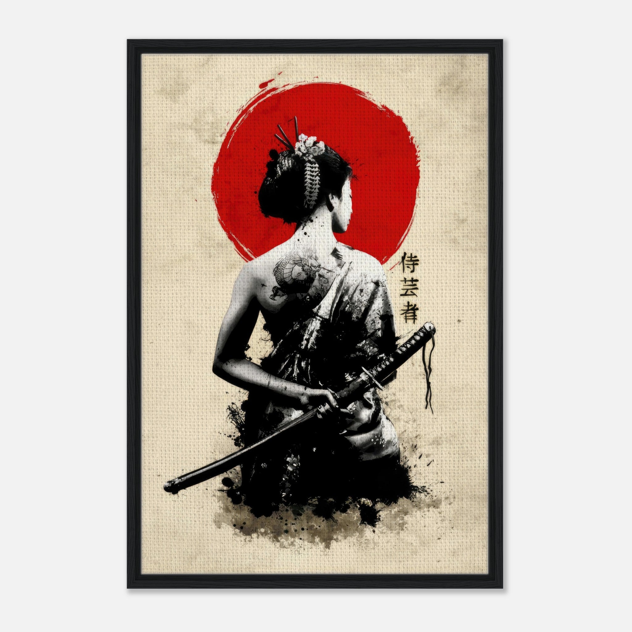 Framed canvas of a geisha with a katana against a red sun, showcasing strength and elegance in Japanese art.