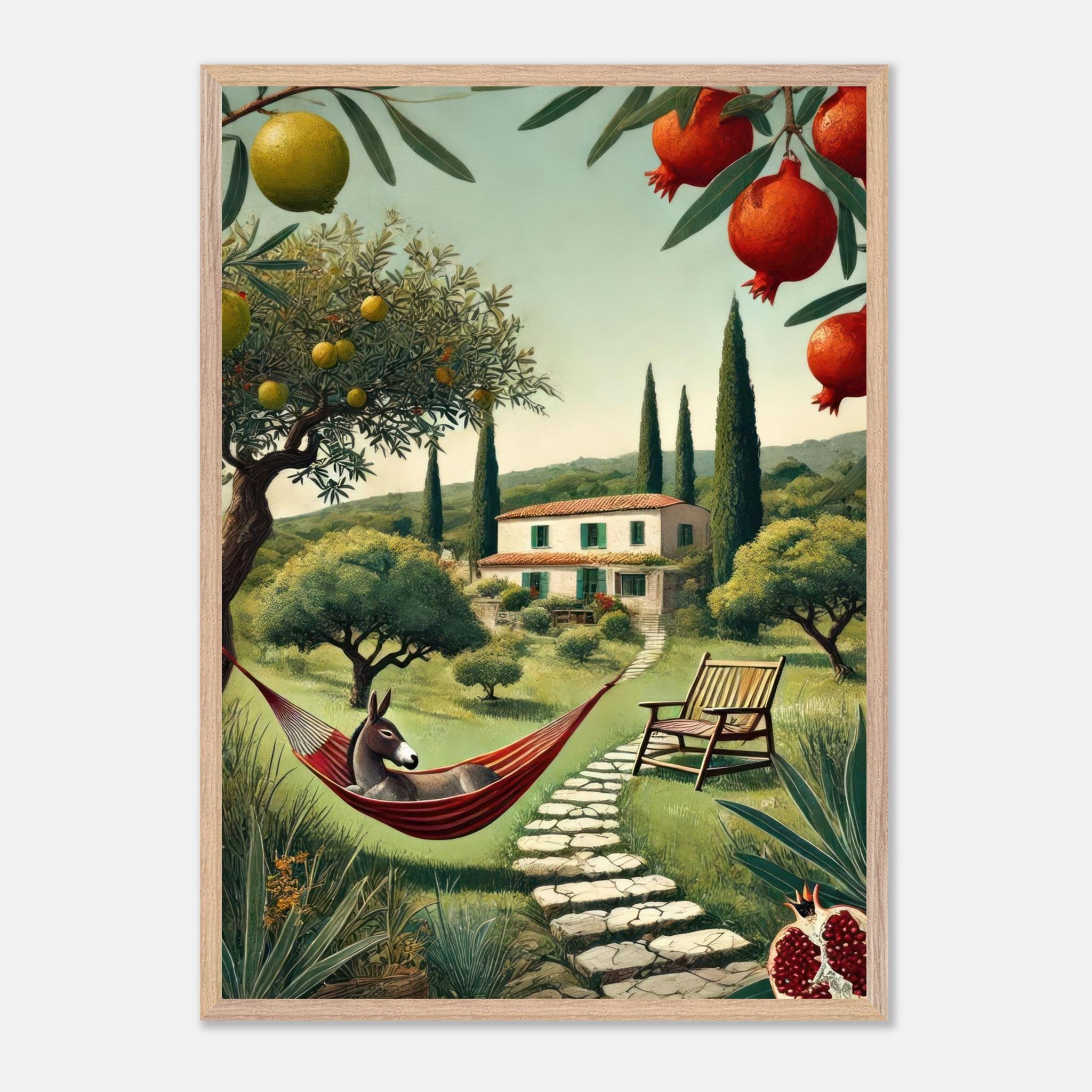 Vintage framed print of a serene Mediterranean landscape with olive trees, a hammock, and a charming villa.